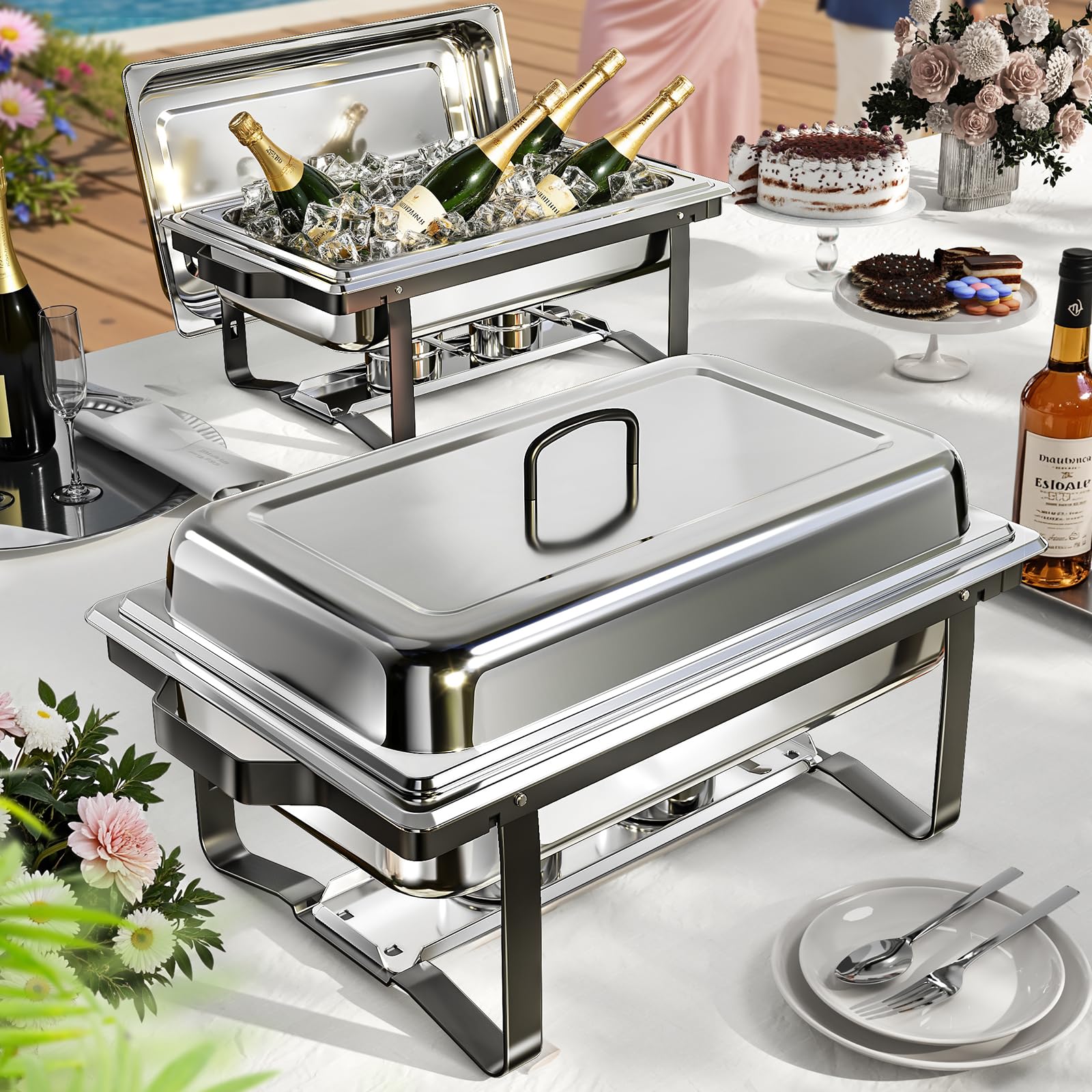 Scaldavivande per buffet, confezione da 4 pezzi, scaldavivande in acciaio inossidabile di alta qualità, set completo, manico in acciaio, set completo di scaldavivande da buffet per catering, eventi