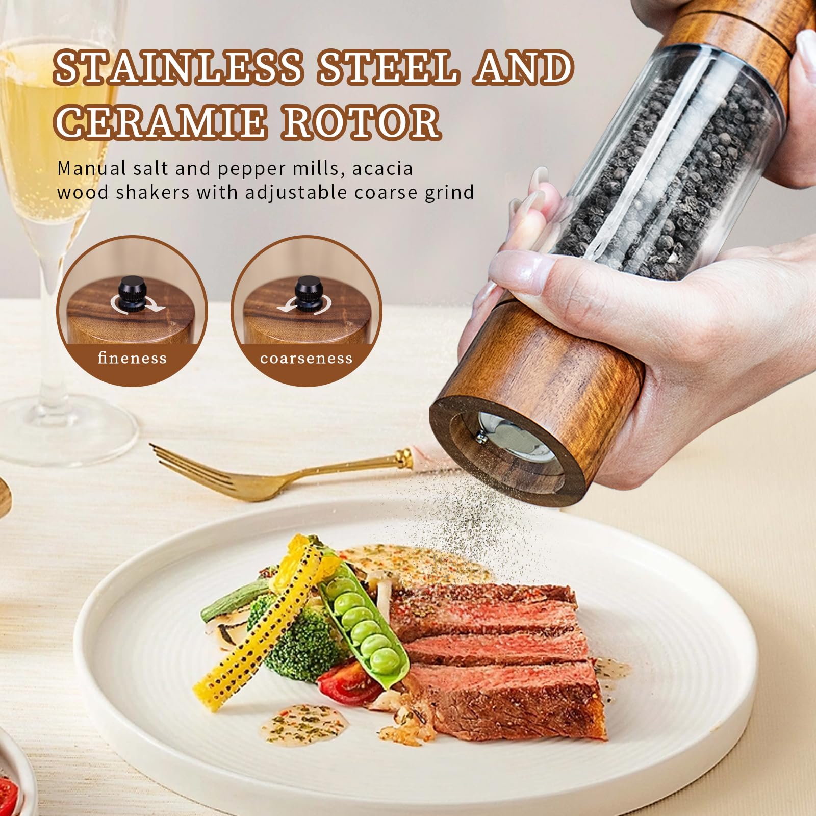 Acacia Wood & Acrylic Salt And Pepper Grinder Set - 8 Inch, Adjustable Ceramic Core, Manual Mills (2 Pack) - View #13
