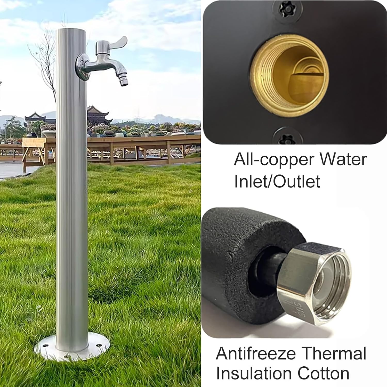 Stainless Steel Outdoor Faucet with Spray Gun - Vertical Garden Water Column, Frost Free Sillcock Water Spigot (Silver, 95x6cm/37x2.4in) for Easy Watering