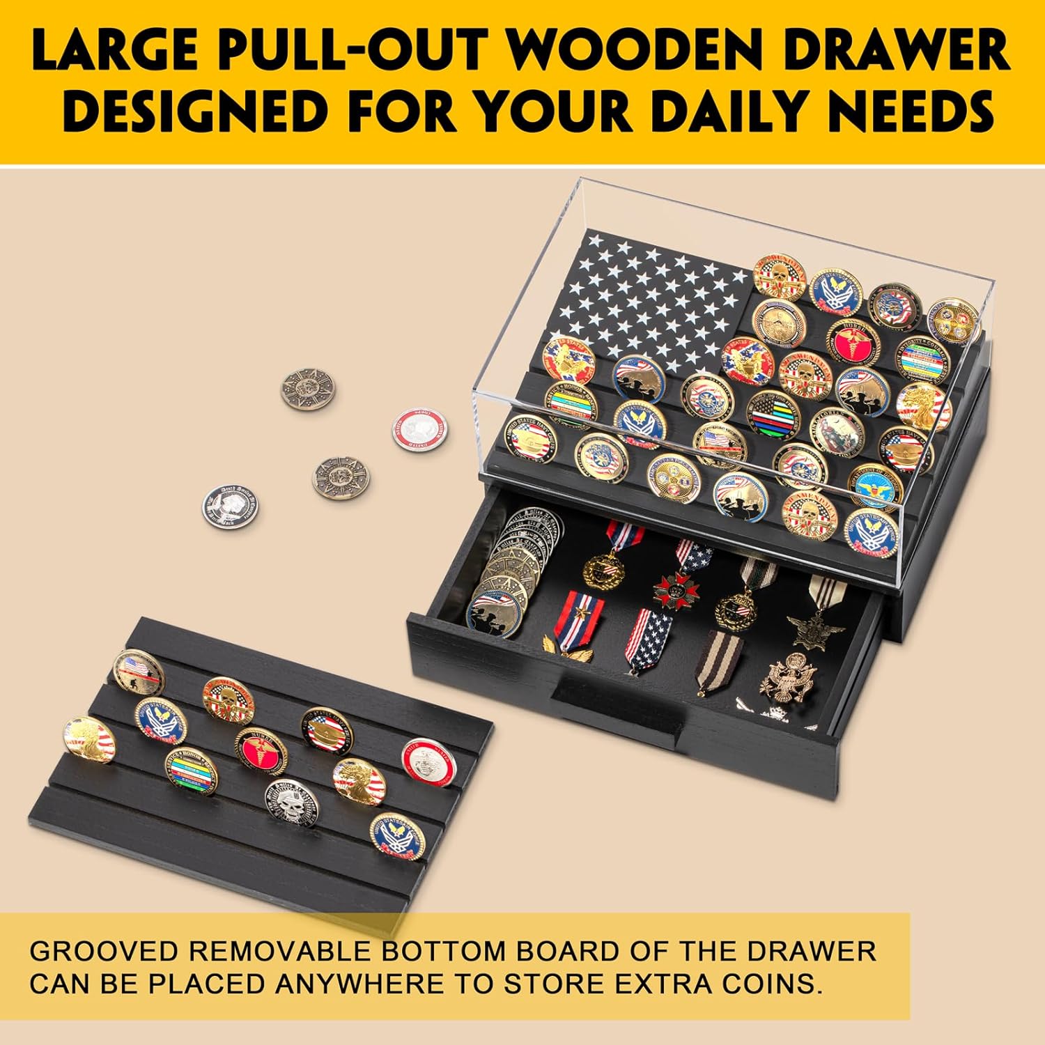 Kacornコインディスプレイケース ミリタリーチャレンジコインホルダー 厚みのあるアクリル蓋と引き出し付き 木製アメリカ国旗シャド Amazon.co.jp:  チャレンジコインディスプレイケース 11x15インチ ミリタリーメダル シャドーボックス HDアクリルガラス 2つの溝付き棚 ...