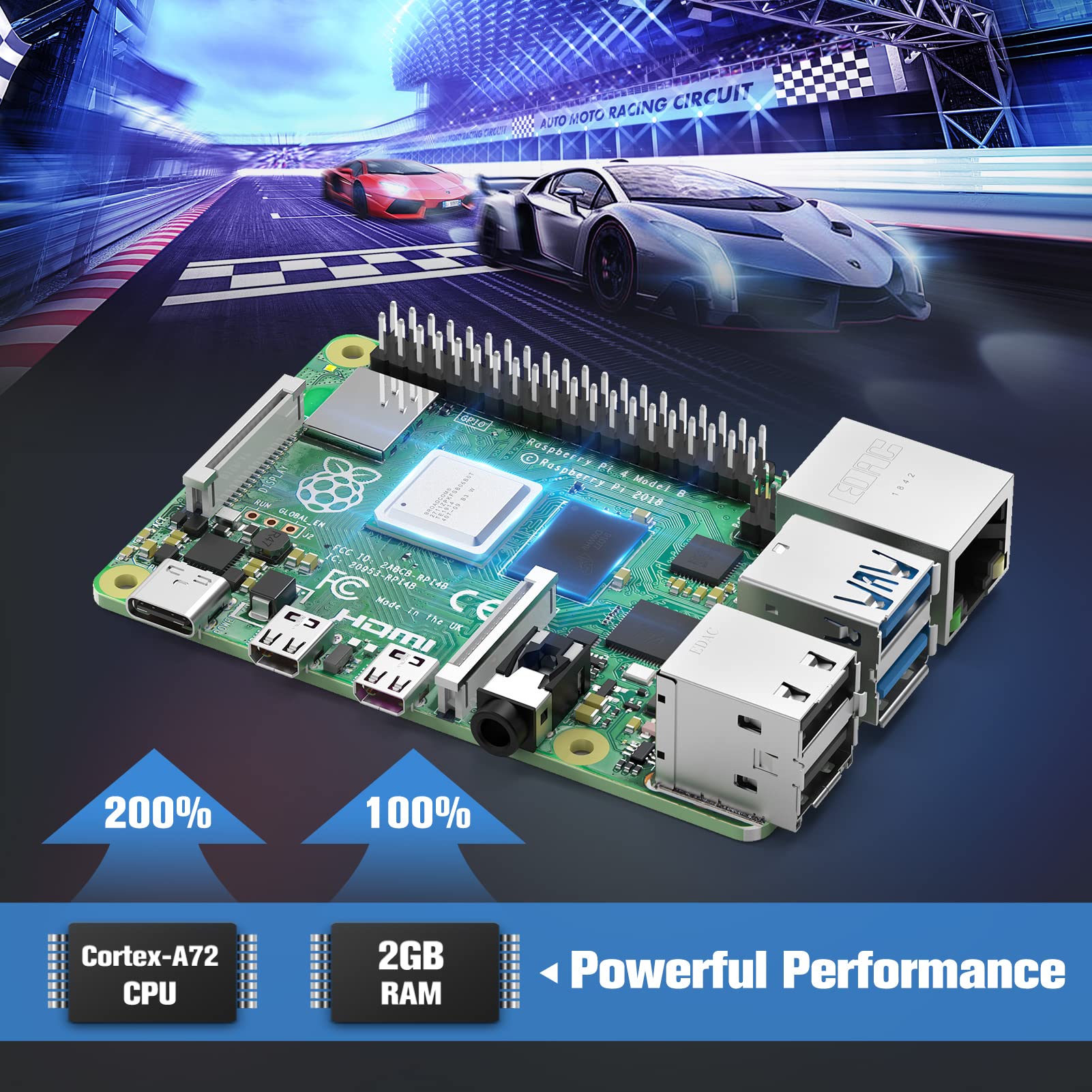 Raspberry Pi 4 Modello B Starter Kit, RPi Barebone 2GB RAM + ROM32GB, Alimentatore 5.1V / 3A con Interruttore, Ventola, dissipatore di calore, 2 cavi Micro HDMI