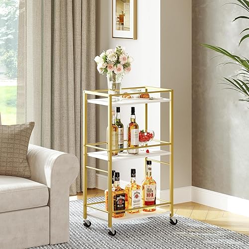 Vista 10 de Carrito de bar para el hogar, carrito de bebidas de 3 niveles con ruedas, carrito de servicio de bar en casa, carrito de mini bar para espacio