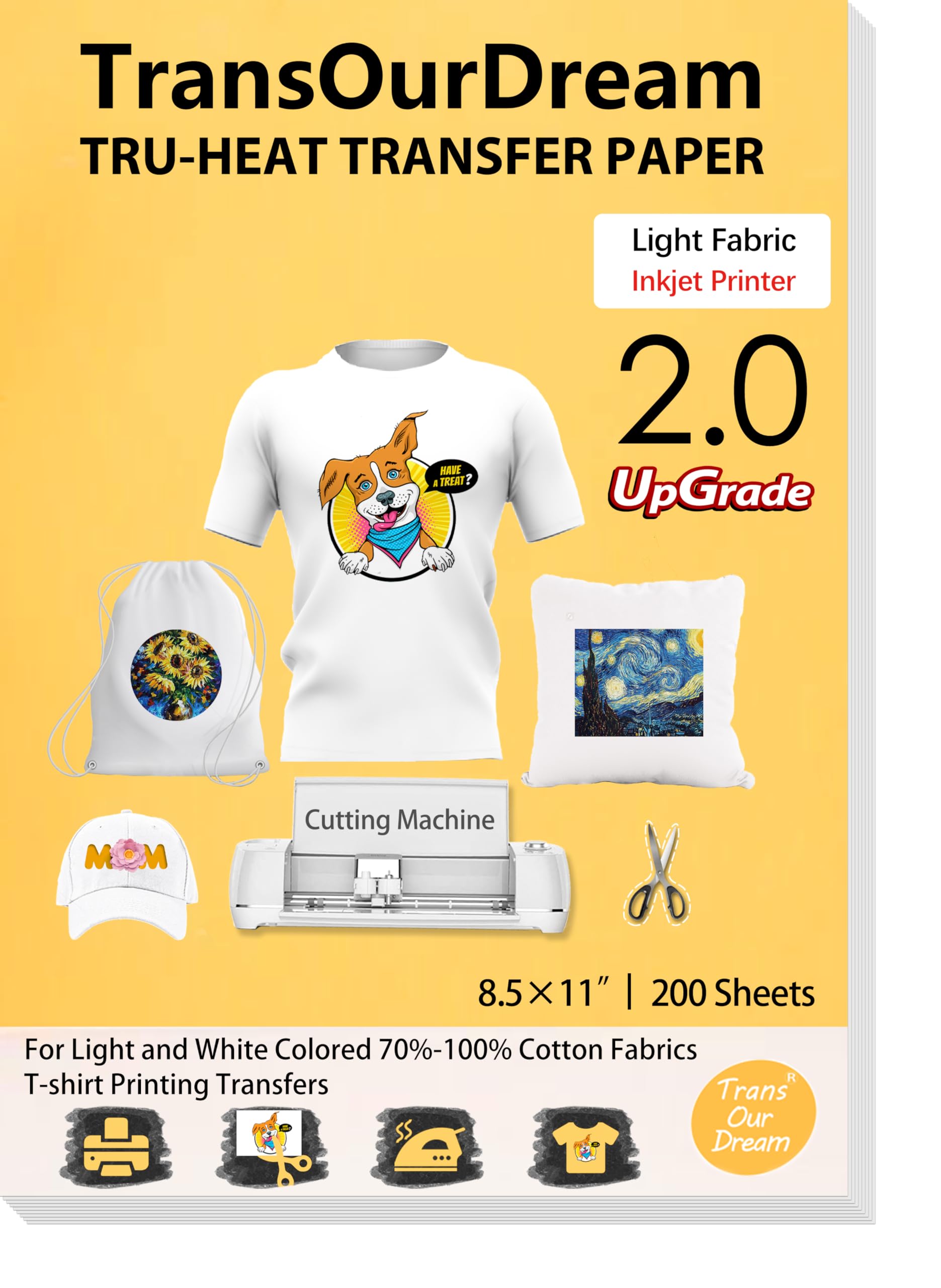 TransOurDream Heat Transfer Paper for Light Shirts(200 Sheets, 8.5x11),Printable HTV Heat Transfer Vinyl for Inkjet Printers