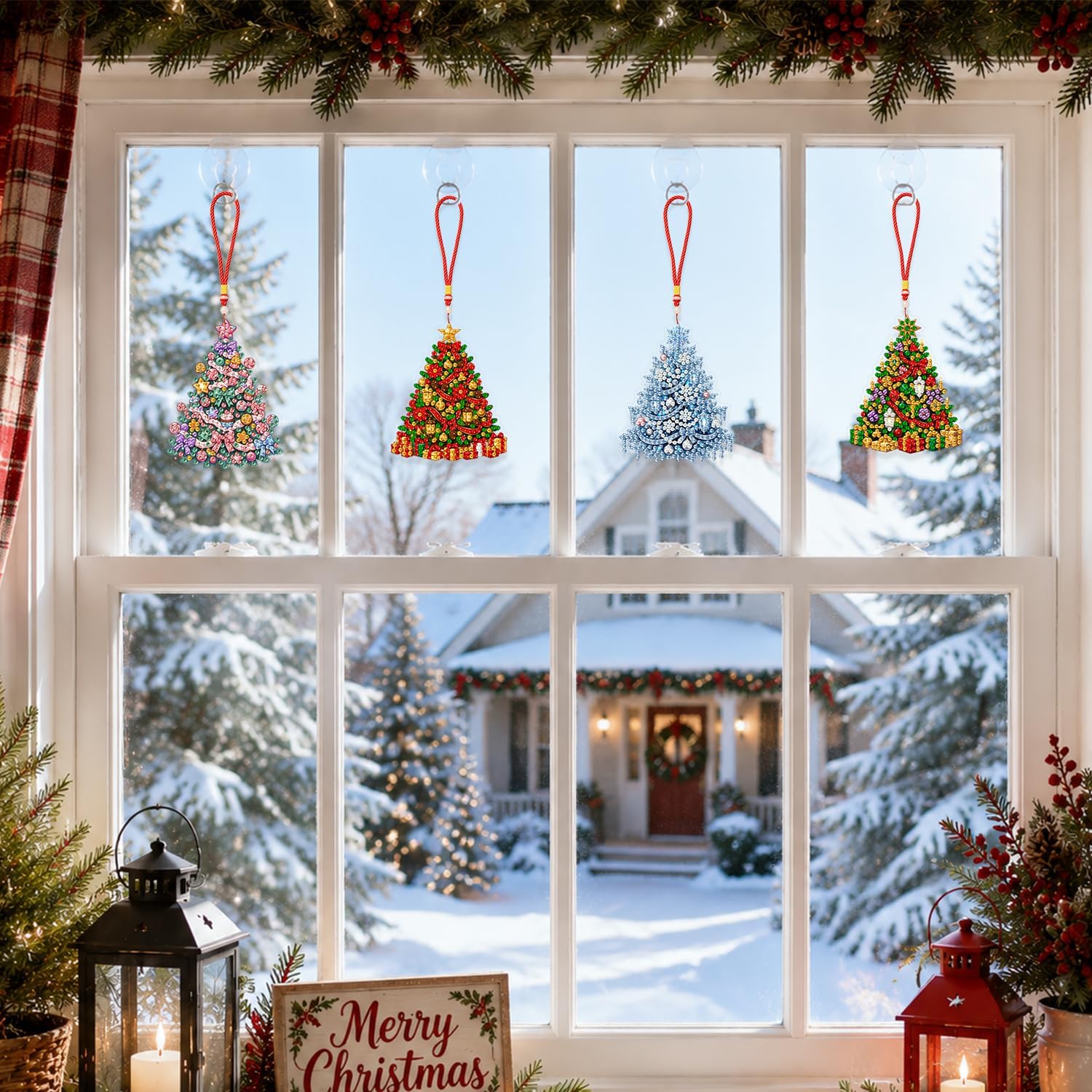 Aeepics 4Pack Hanging Diamond Art Kit for Adult Christmas Tree DIY Mini Diamonds Painting Ornament Kit, Acrylic Diamond Art Painting Window Hanging Pendant Kit