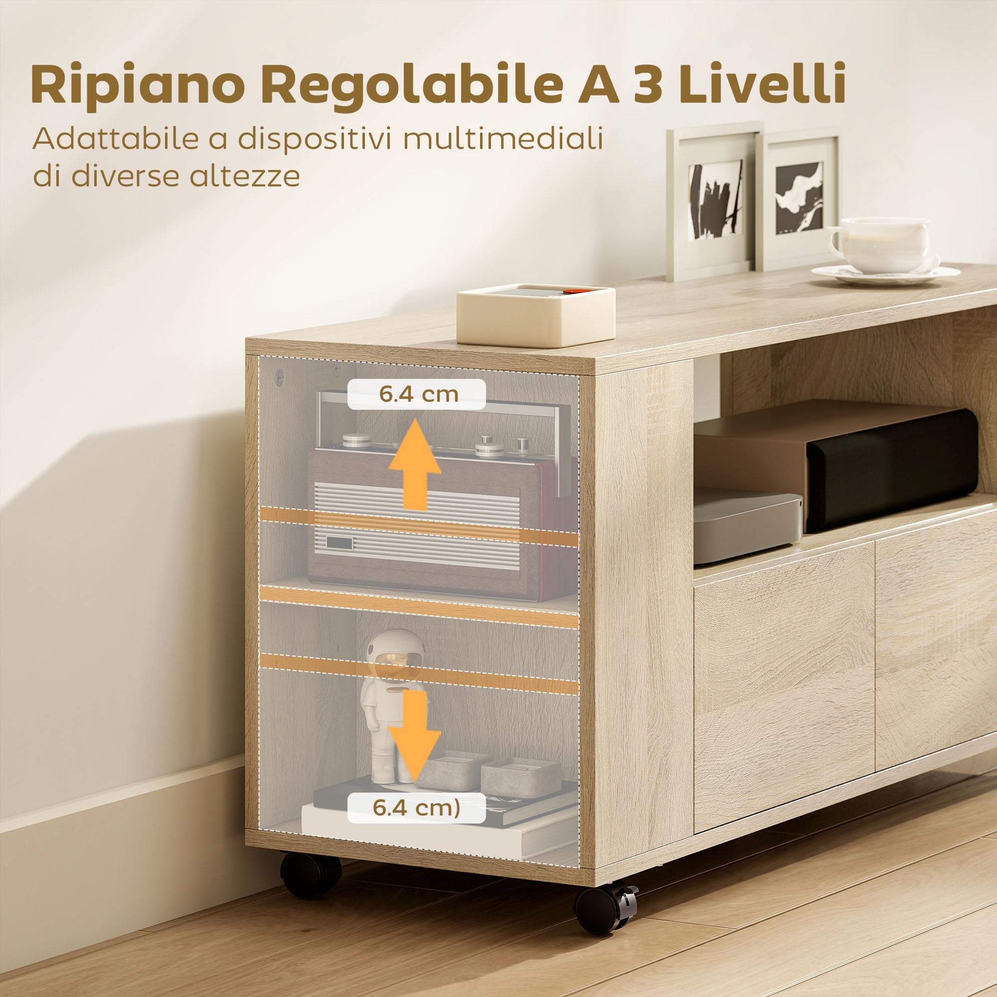 HOMCOM Mobile Porta TV fino a 42", Mobiletto TV con Ruote Girevoli e Freno, Ripiani Regolabili e Cassetti, per Soggiorno e Salotto, 102x34.5x48.5 cm, Legno Naturale