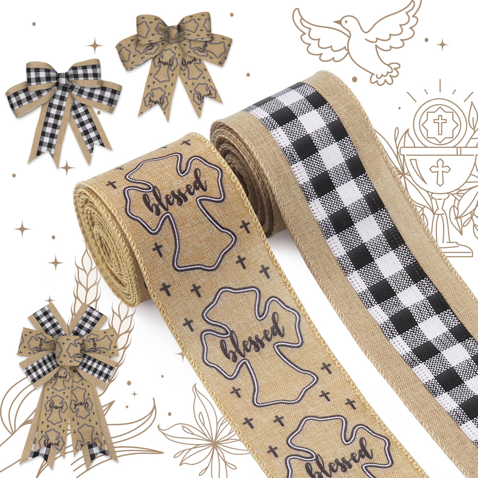 ALIBBON 2 Rolls 2.5" 5 Yd Easter & Christmas Burlap Cotton Ribbon with Blessed Cross & Buffalo Plaid Design for Wreaths, DIY Crafts & Gifts