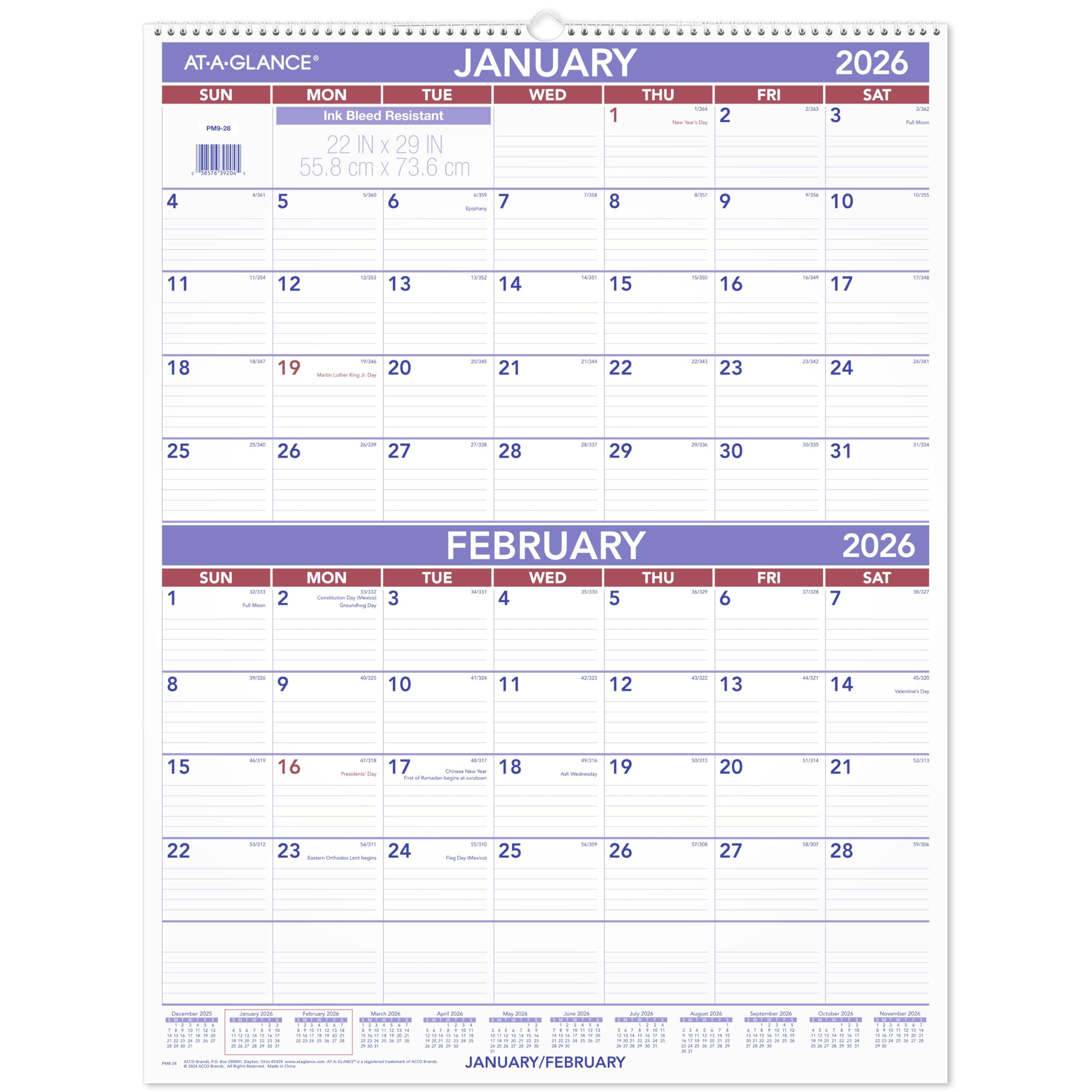 AT-A-GLANCE 2026 Wall Calendar, 22" x 29", Large, 2-Month Reference (PM92826)
