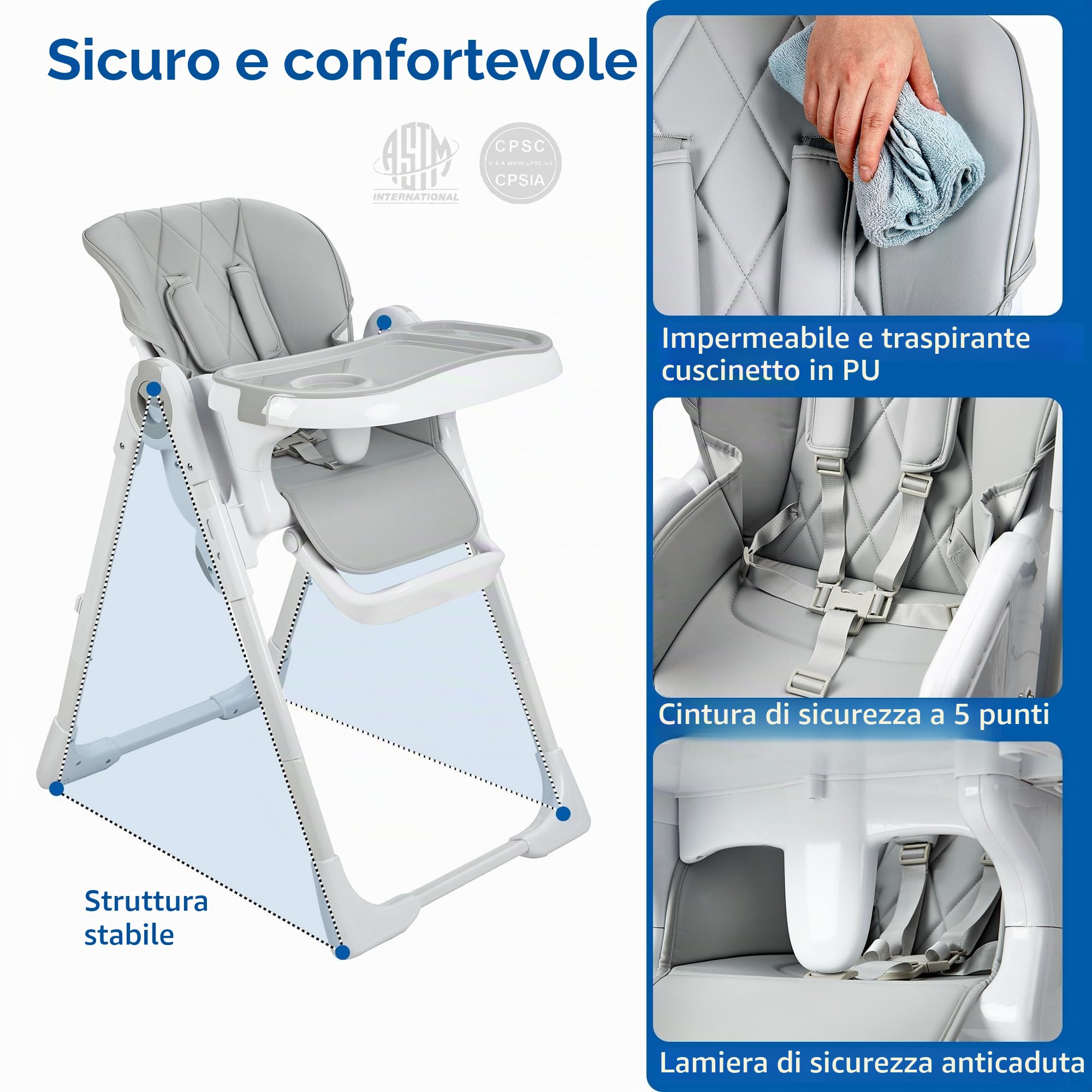 Seggiolone pieghevole per bambini - Altezza regolabile, schienale reclinabile, 3 posizioni vassoio - Imbracatura a 5 punti, vassoio e poggiapiedi rimovibili - Compatto per casa e viaggio,