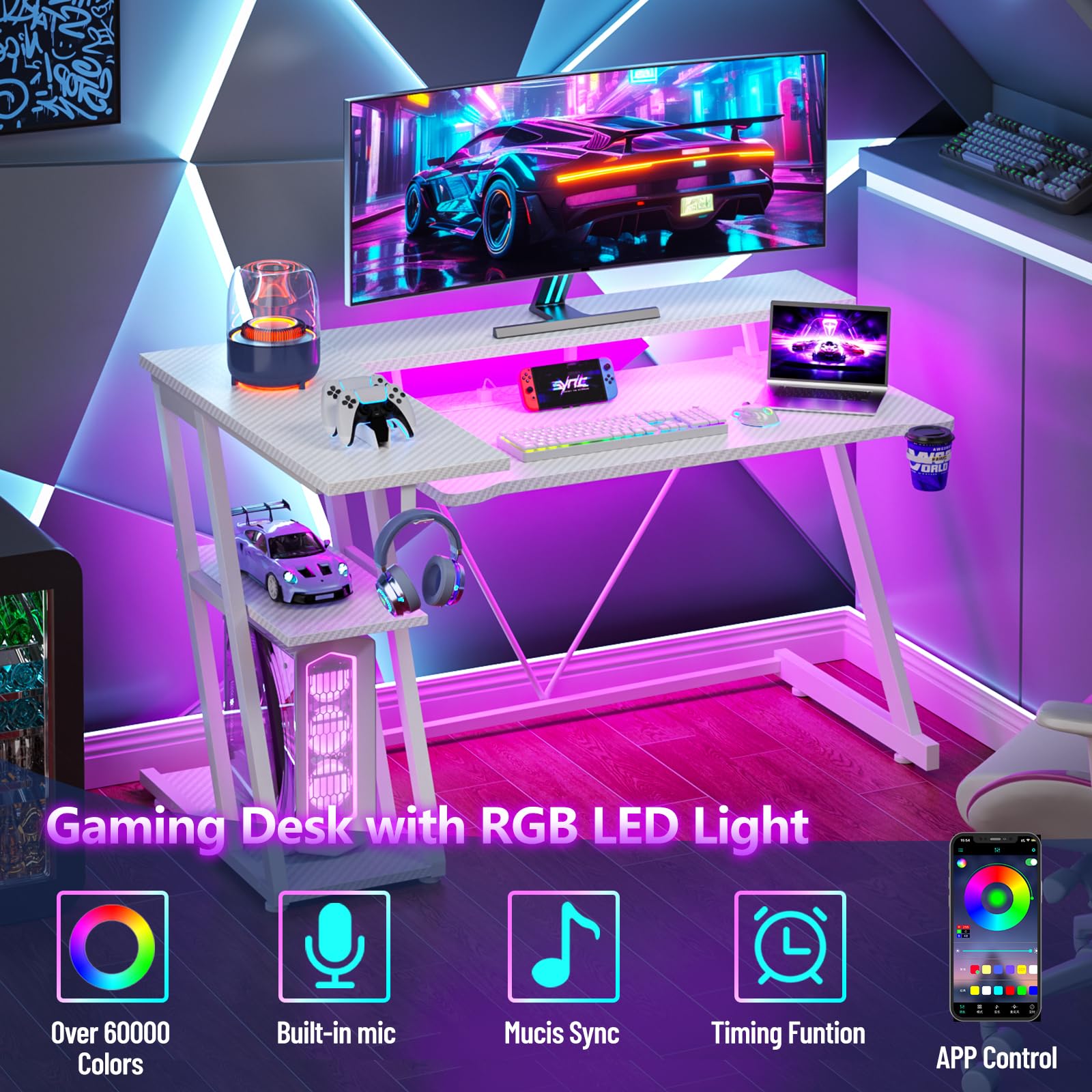 Escritorio para juegos de 39 pulgadas con toma de corriente y luces LED, mesa de juegos para computadora en forma de L con estantes de almacenamiento de 3 niveles, escritorio de esquina para jugadores