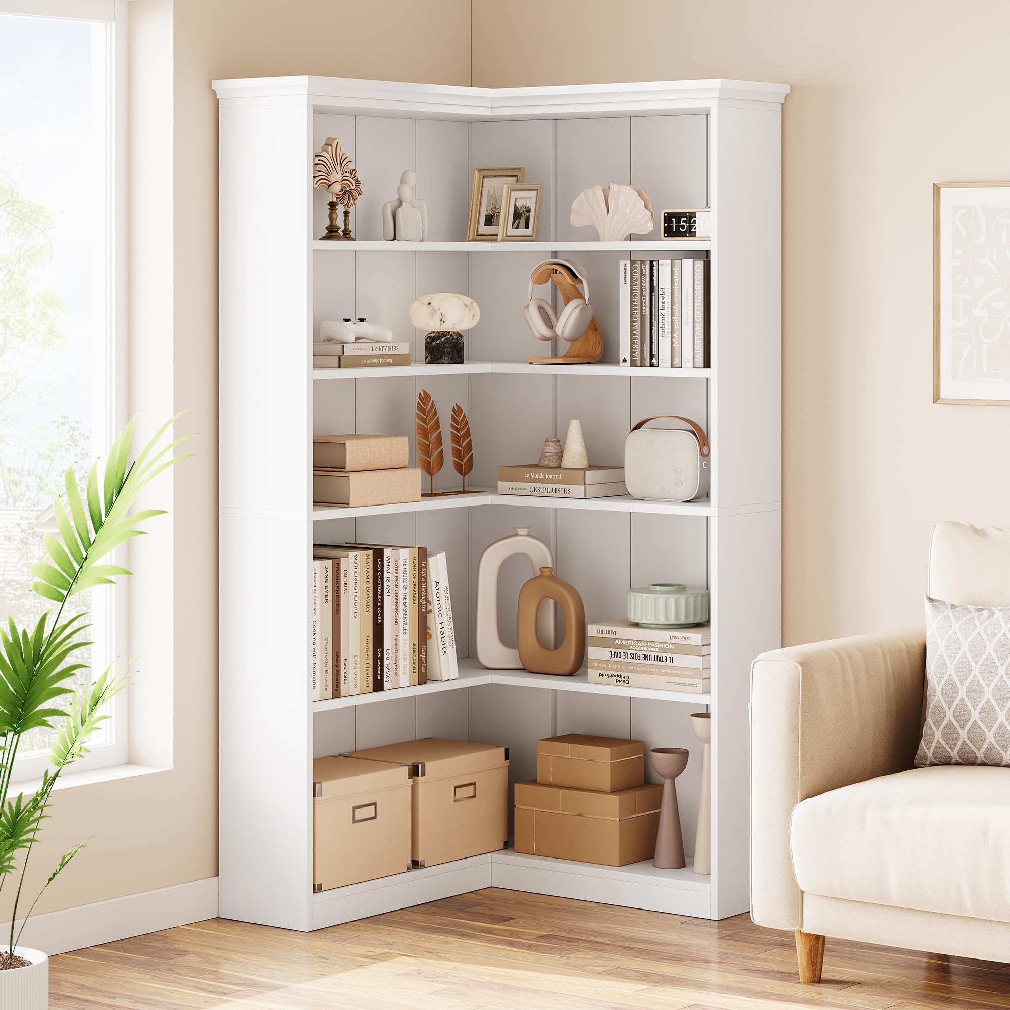 GarveeMore Corner Bookshelf 5-Tiers, 185cm Tall L-Shaped Bookcases with Open Storage Display, Freestanding Wooden Book Shelf for Living Room Bedroom Home Office - Full Panel White