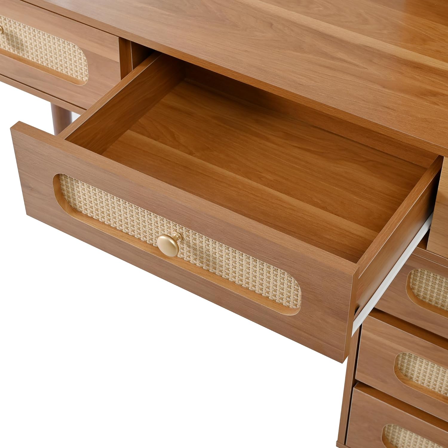 Close-up of a vanity desk drawer with rattan front