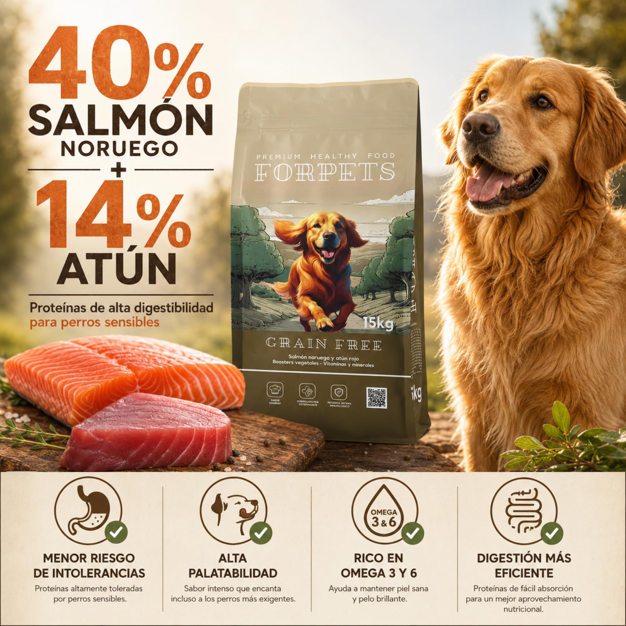 Pienso Hipoalergénico para Perros Sin Cereales 15 kg | Salmón Noruego | Perros Alérgicos, Digestión Sensible y Piel Atópica | Sin Pollo | Pienso Grain Free | FORPETS