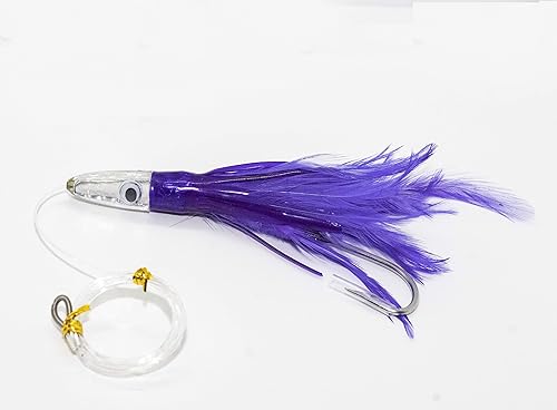 Miniatura 7 de Juego de 6 señuelos de atún, aparejados con líder de 150 libras y listos para usar, con bolsa de malla negra