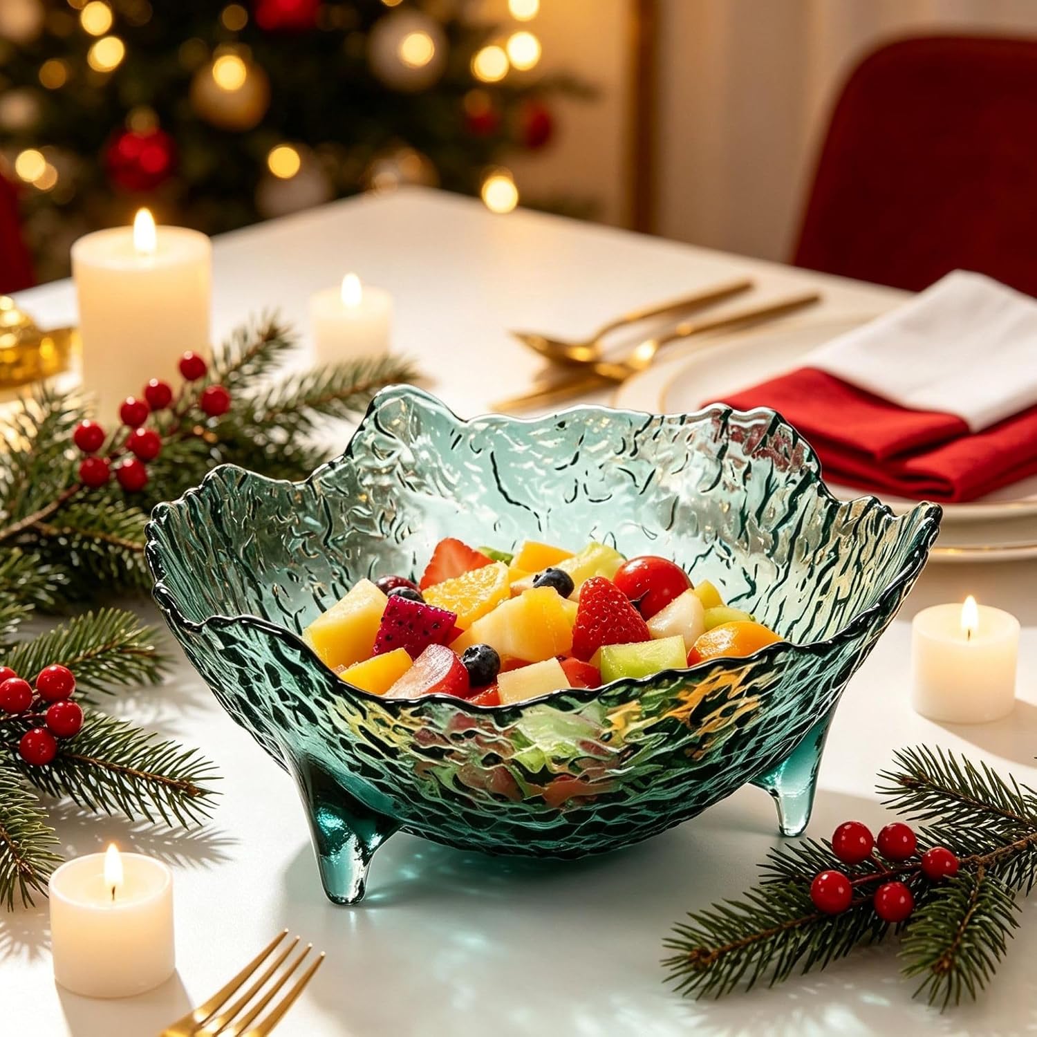 Glass Fruit Bowl，Melting Ice Textured Glass,Salad Bowl 31 oz
