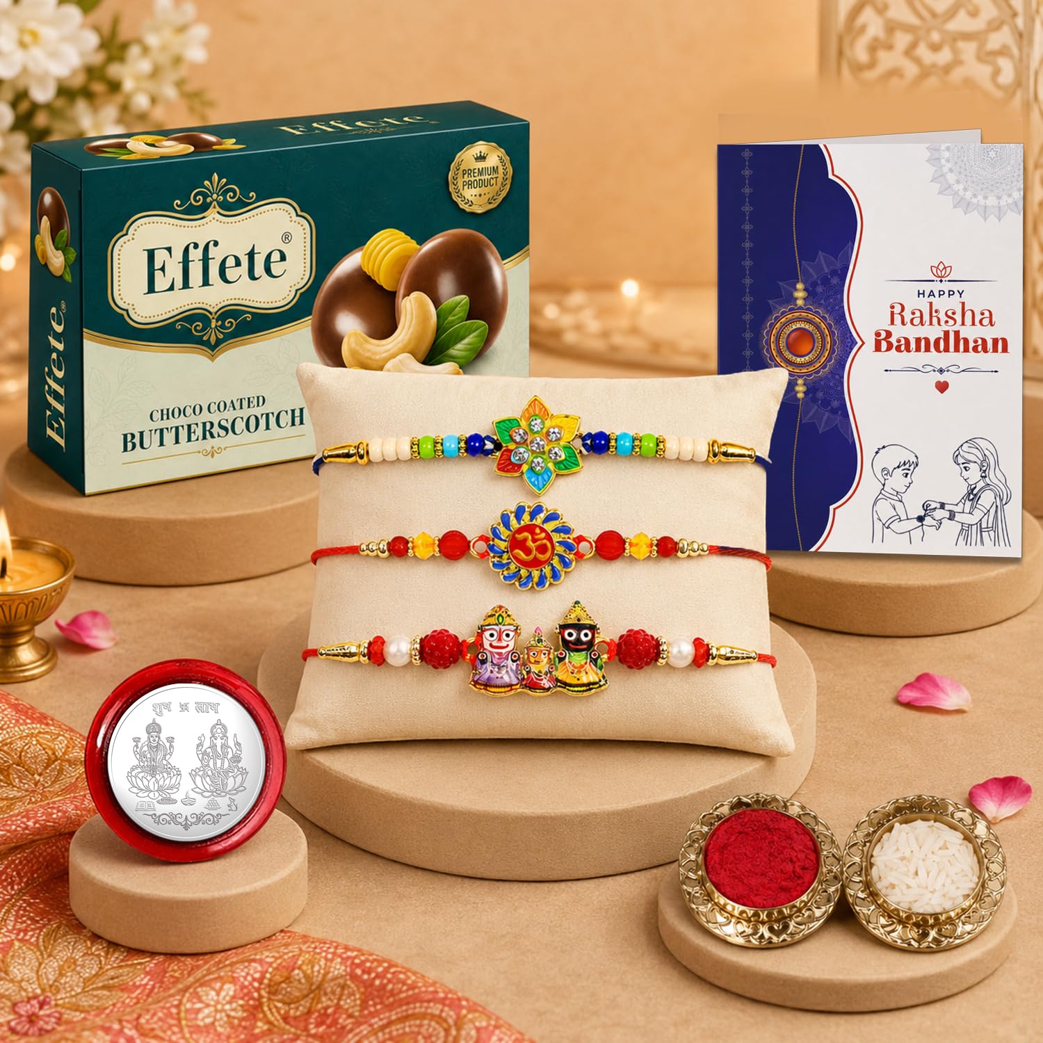 Garth Flower, Om, Lord Jagannath Multicolor Rakhi for Brother & Bhaiya with Chocolate Butter Scotch 32gm - Raksha Bandhan Gift Set | Rakhi Thread for Brother, Pack of 7 (1057+1009+1021)-image-48