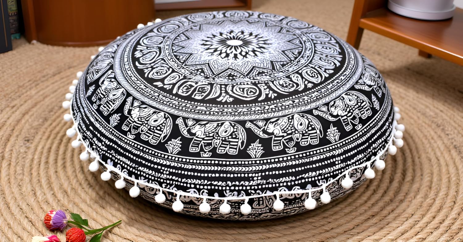 CRAFT KALA 32" Large Round Bohemian Floor Pillow Cover Boho Pouf Cover Mandala Meditation Room Pillows Cover Adults Seating Poufs Cushion Cover for Kids Reading Playroom Black Elephant Flower image 2