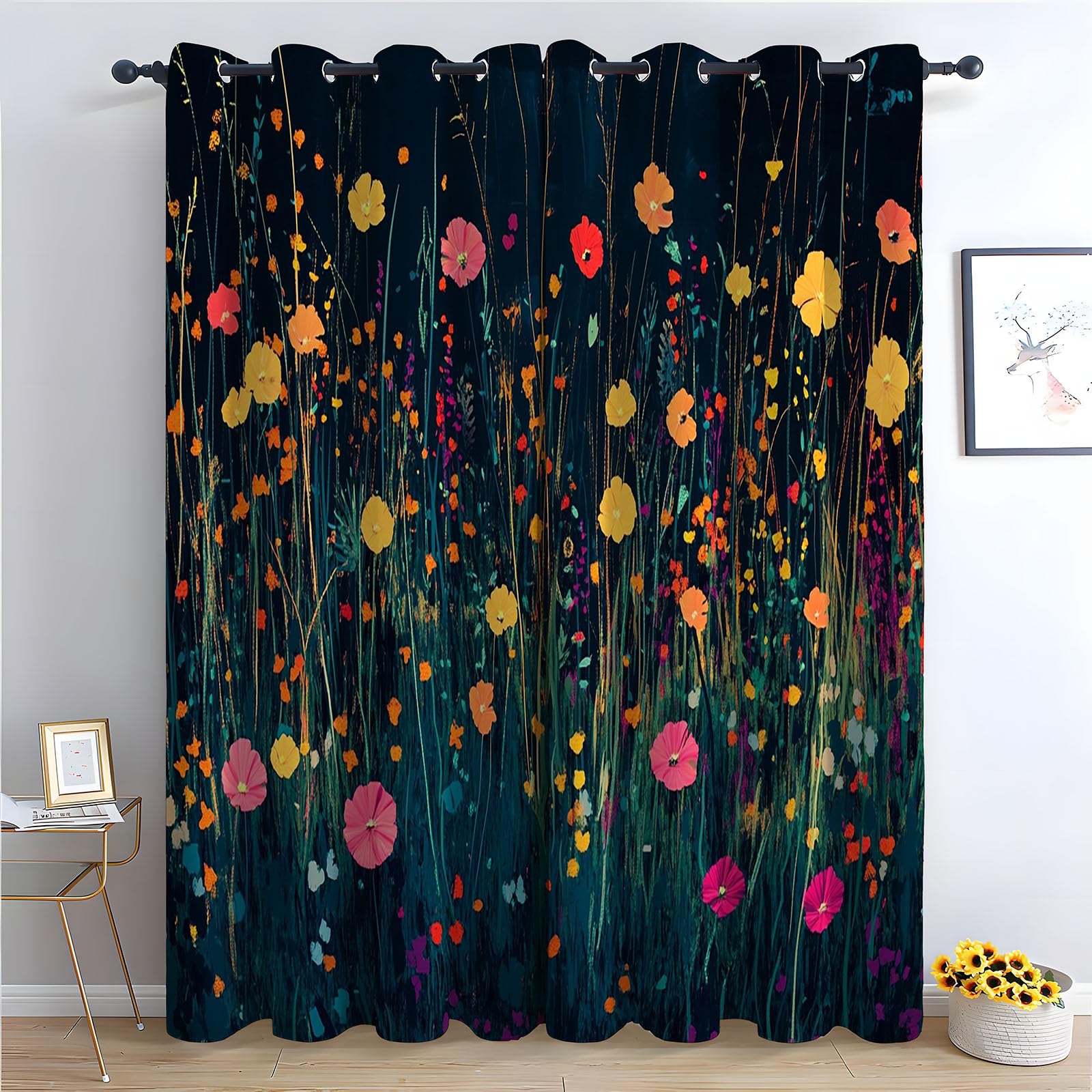 WQBQKKX Abstract Line Curtains Eyelet Wildflowers Green Patterned Curtains Vintage Art Deco Drapes Thermal Insulated Room Darkening Curtain-52 W x 96" L (Pack of 2)