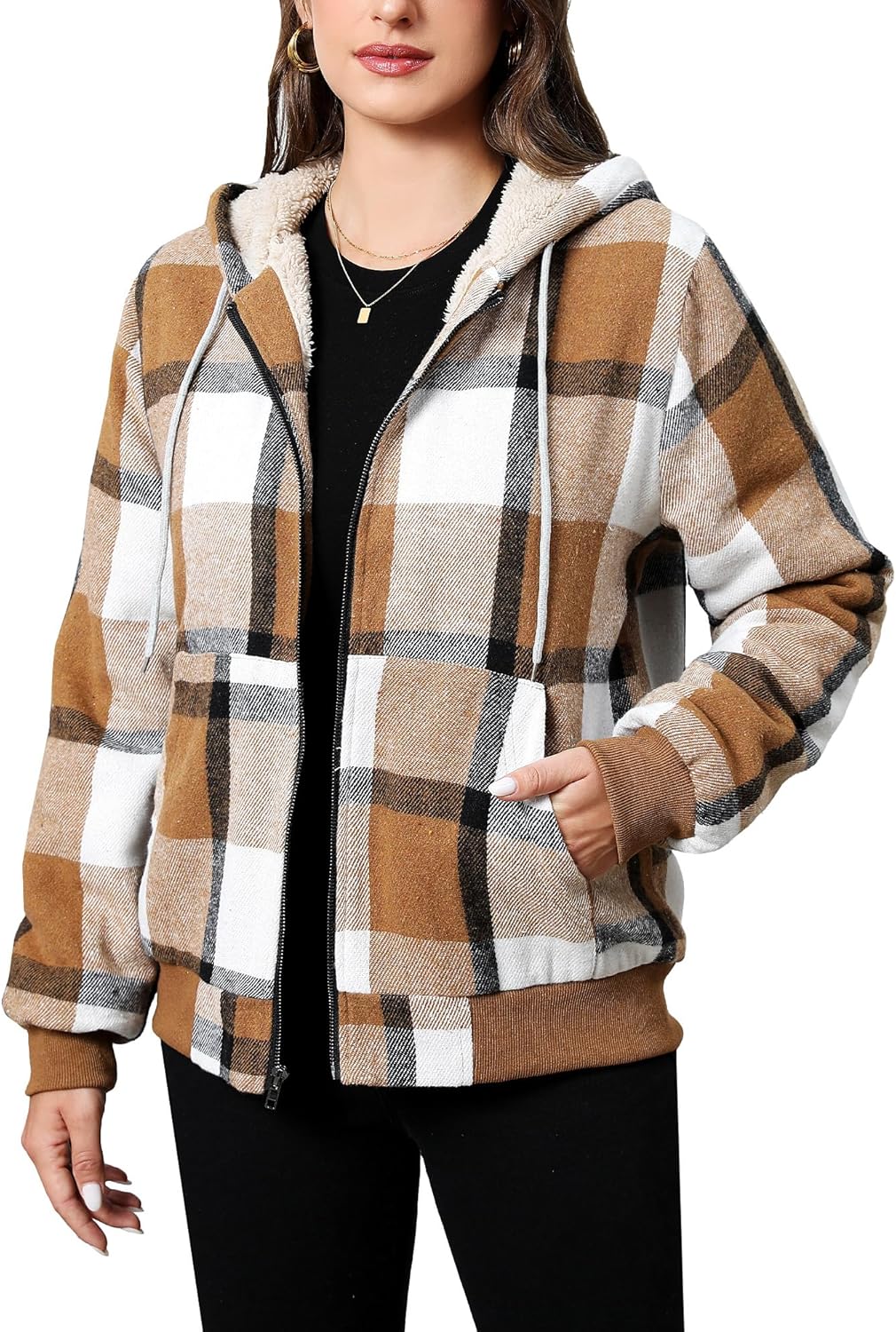 Shawnda Women's Flannel Casual Plaid Full Zip Up Sherpa Lined Hoodie Jacket Coat with Pockets - Image 2