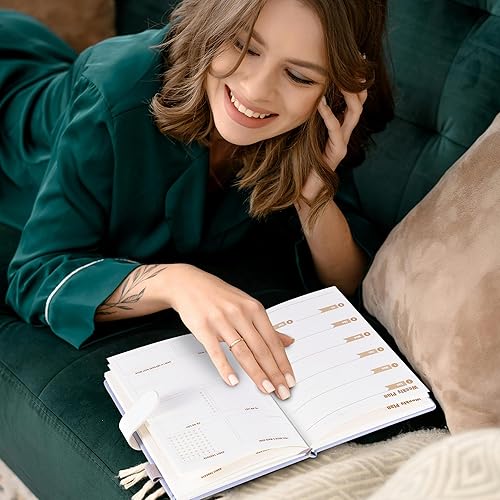 Miniatura 7 de Agenda semanal sin fecha, planificador diario semanal con organizador de seguimiento de objetivos y hábitos, cuaderno de cuero A5 recargable,