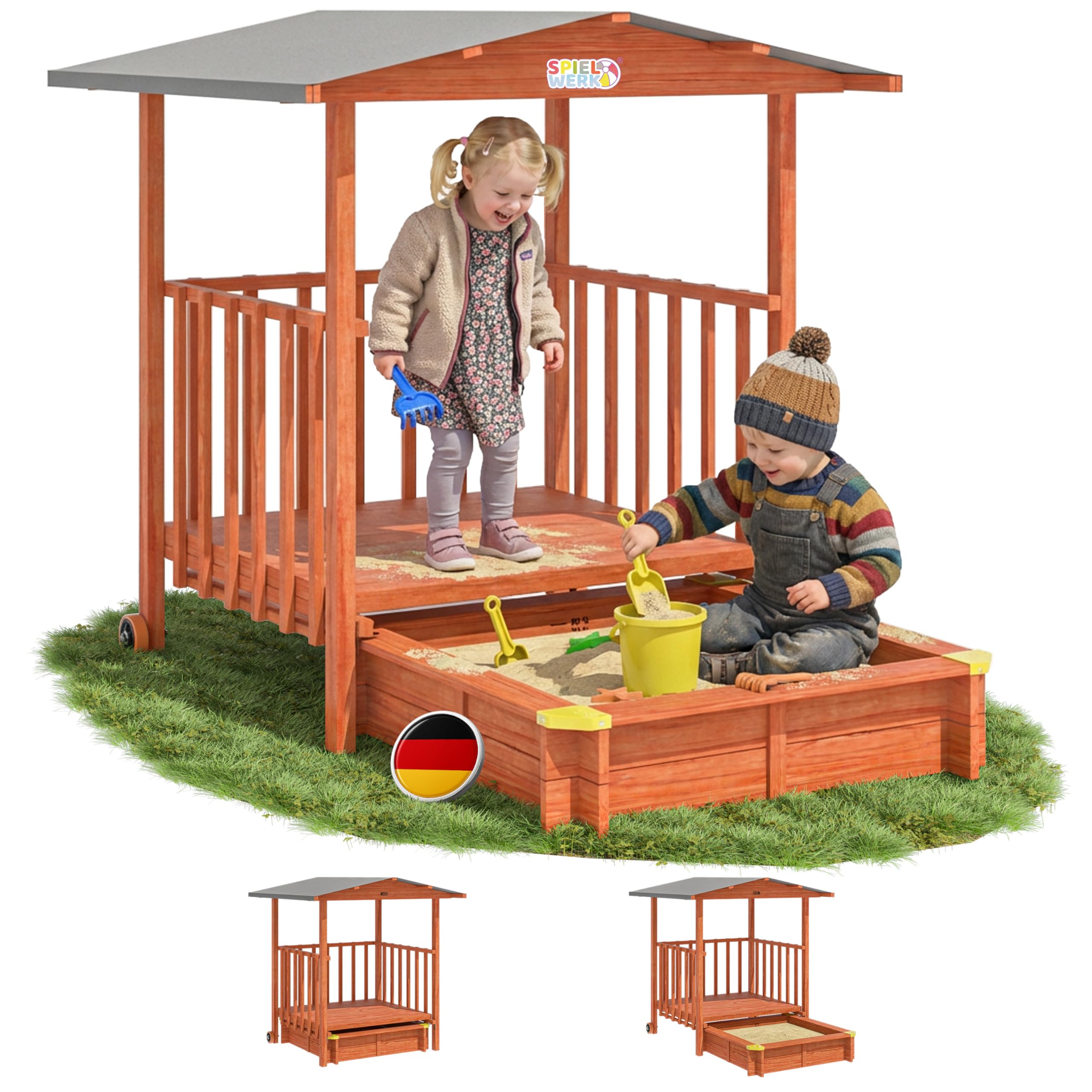 Spielwerk® Sandkasten Merle Sonnendach 143x130x130cm Veranda 95x95x20cm UV-Schutz Sandbox