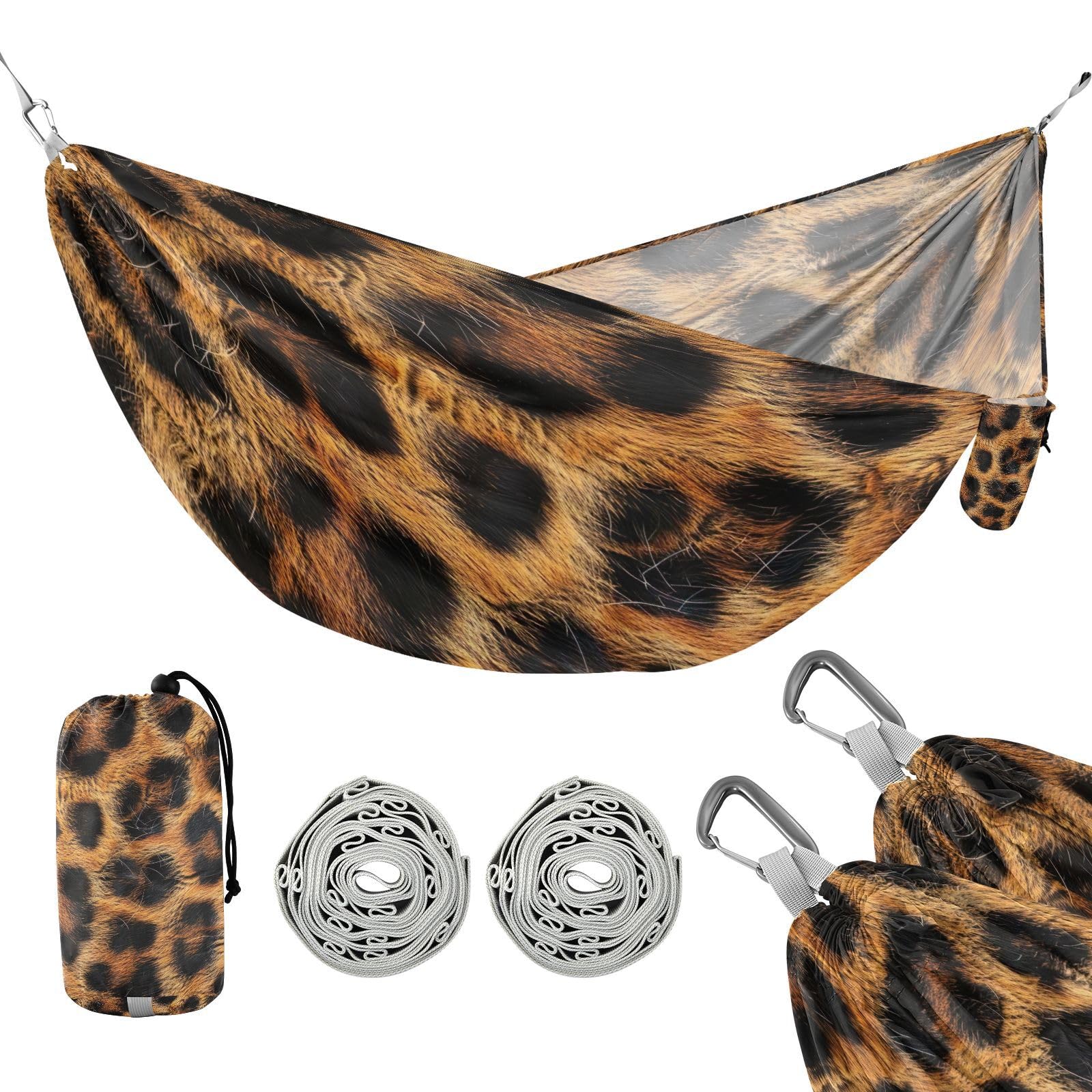 Haskirky Brown Leopard Print Texture Camping Hammock, Single Portable Hammocks with Tree Straps & Attached Carry Bag, 330Lbs Capacity Perfect for Outside Indoor Hiking Beach Backpack Travel