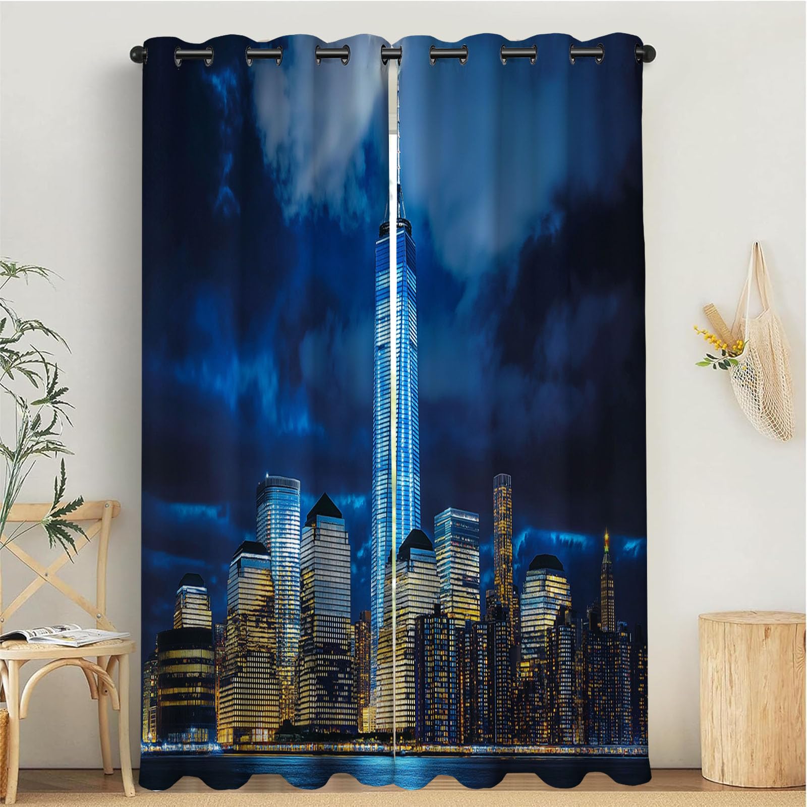 Rideau occultant anti chaleur pour grand salon | Rideaux oeillets motif New York bleu foncé