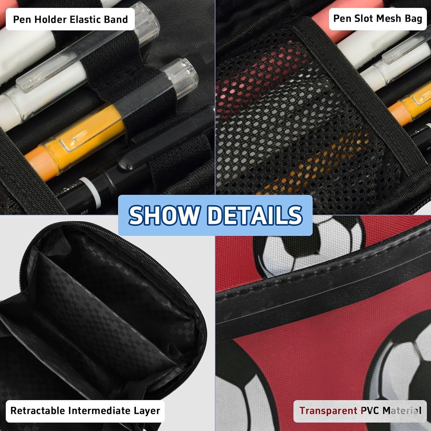 ALAZA White Football Large Capacity Pencil Case, Aesthetic Stationery Organizer Bag with Clear PVC Window, High Capacity Pen Pouch with Dividers for School Office Travel image 4