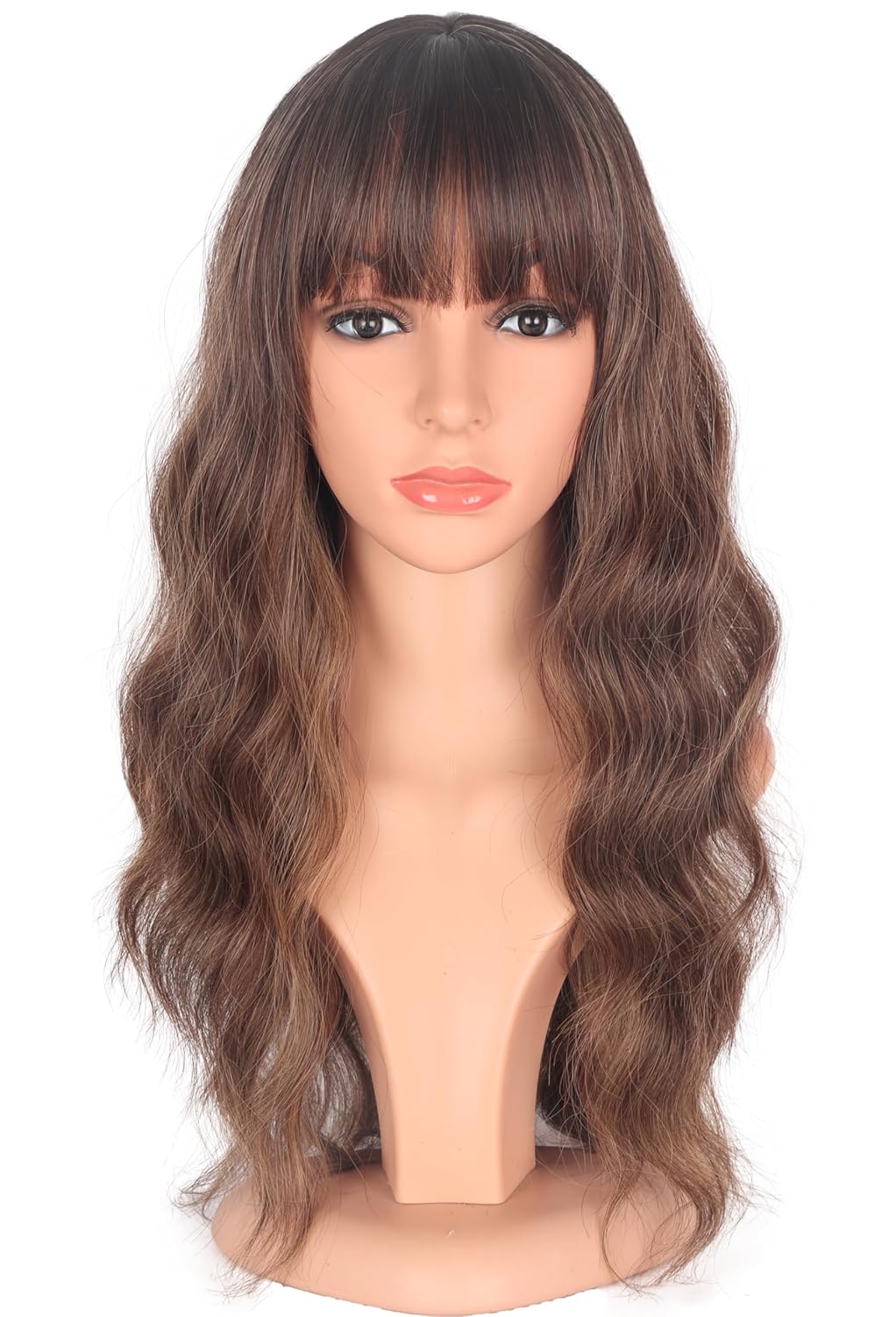 Ombre Brown Wavy Wigs With Bangs Medium Long Brown Wavy Wigs For Women Synthetic Brown Hair Replacement Wigs Daily Use Wigs 18 Inch (Ombre Brown) Ombre Brown 01 18 Inch