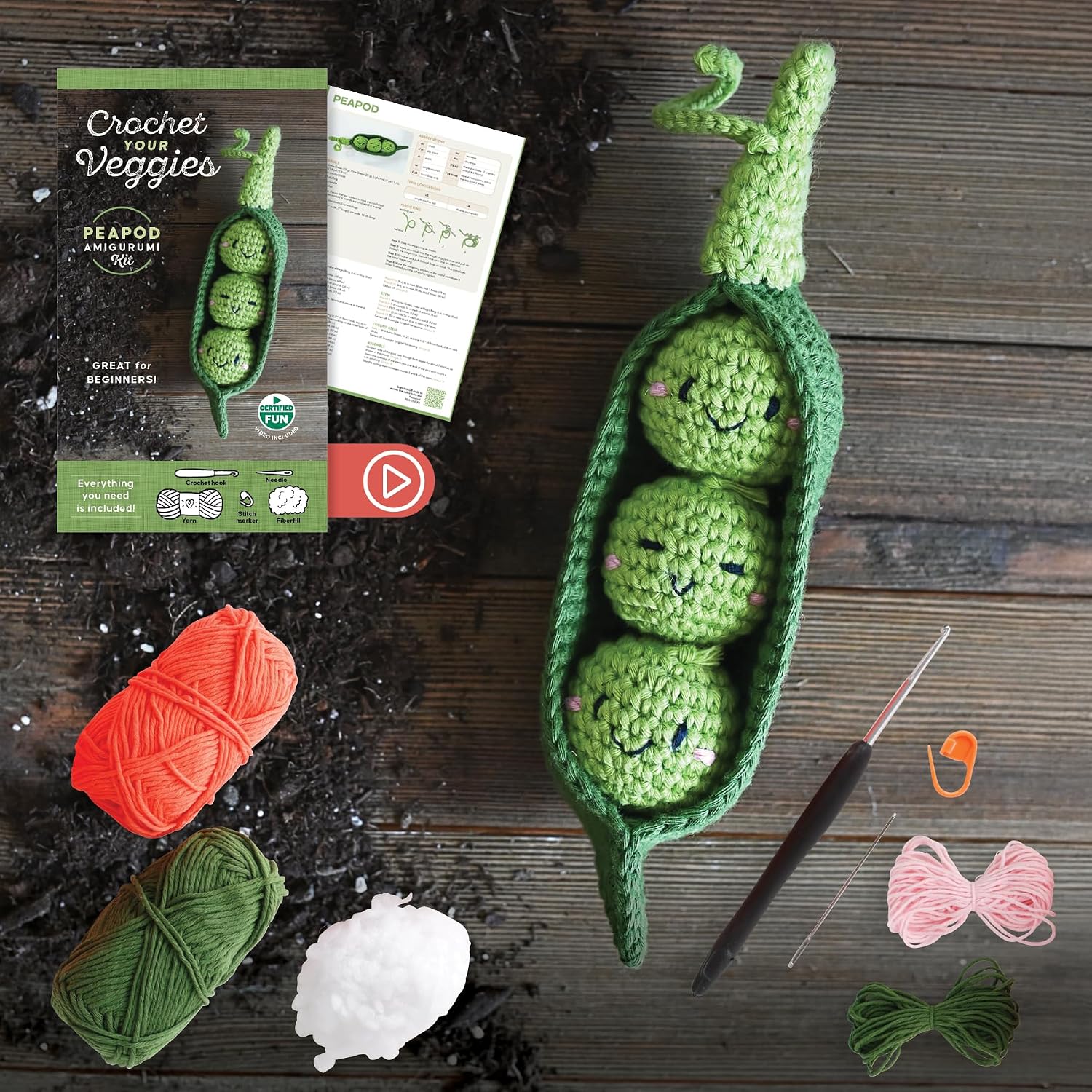 Crochet Your Veggies Amigurumi Kit Peapod: Everything You Need Is Included: 100%-Cotton Yarn, Crochet Hook, Stitch Marker, Tapestry Needle, Fiberfill, ... Instruction Videos; Beginner Friendly!      Paperback – September 15, 2025