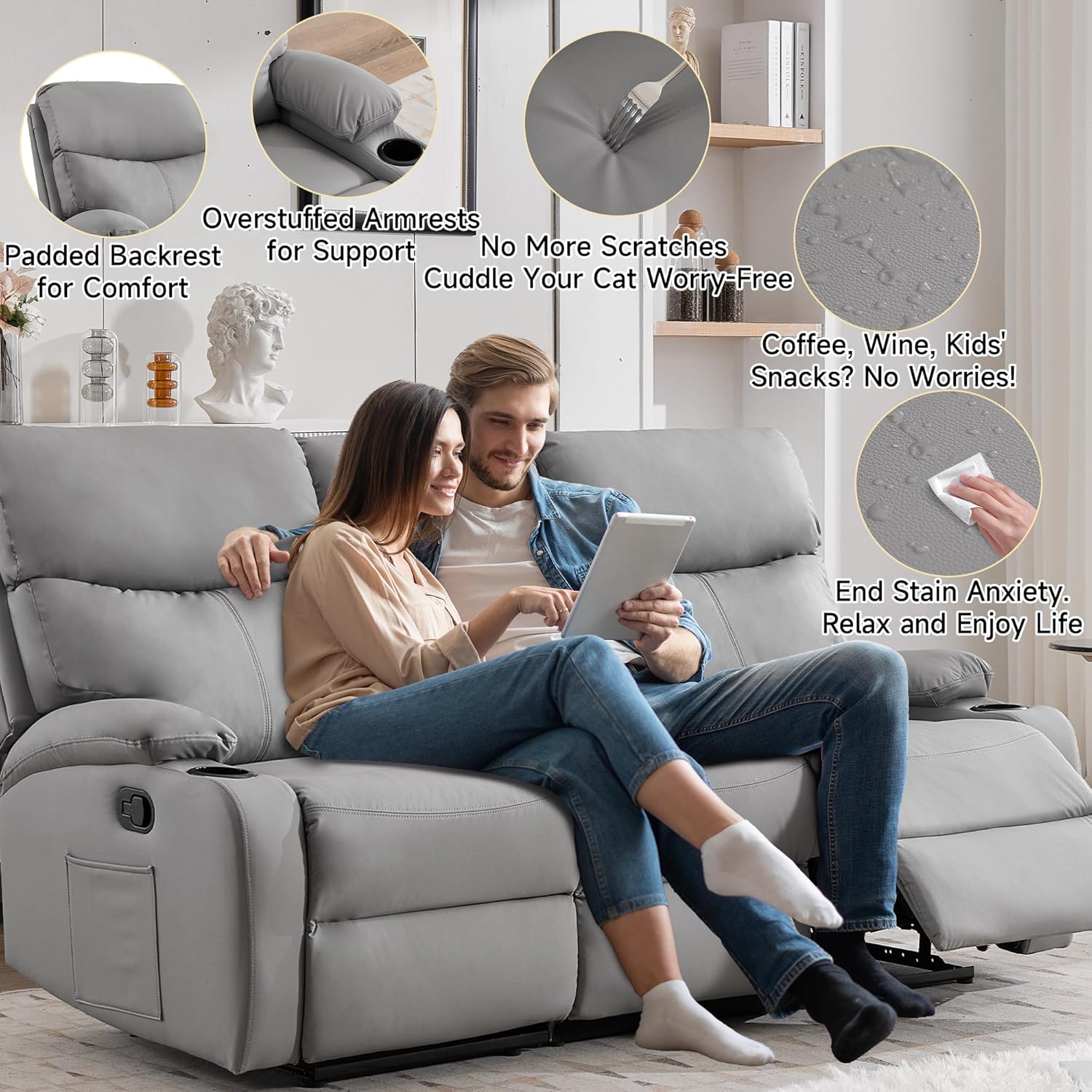 Living Room Furniture Set, Anti-Scratch Recliner Couch Sofa Seats for Living Room, Home Theater(3 Seat+Loveseat, Grey)