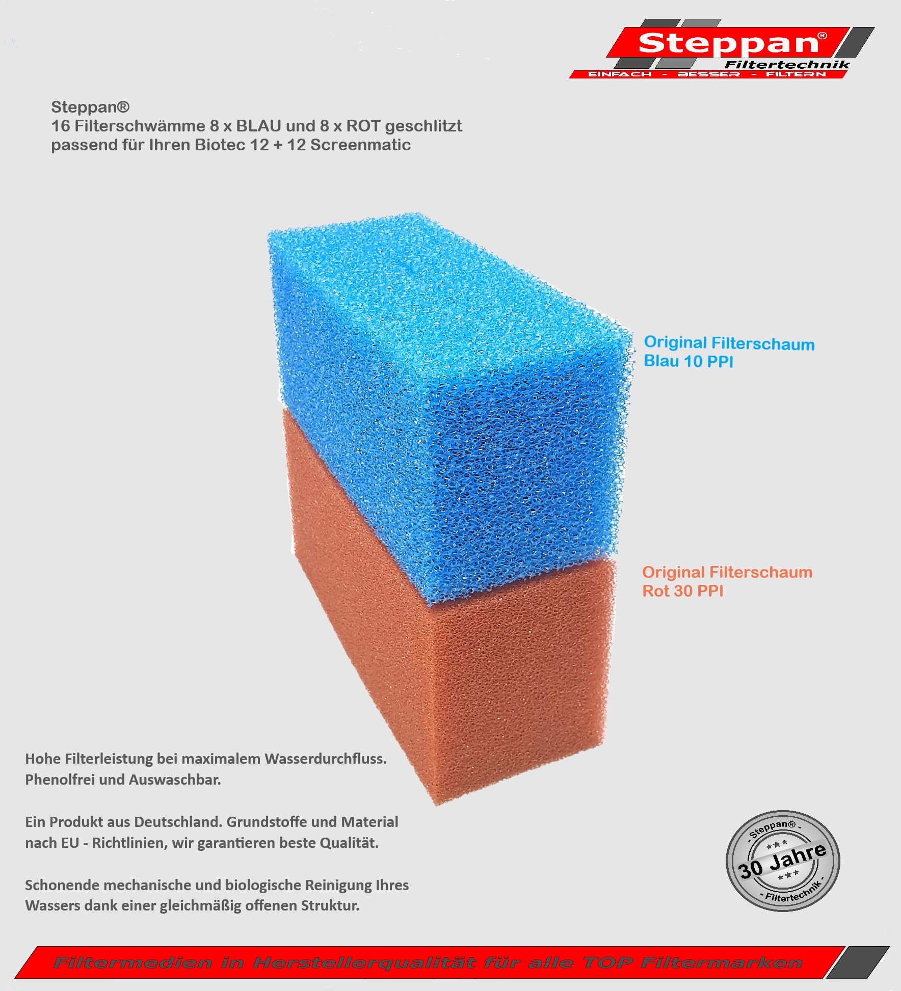 16 Filterschwämme 8 x BLAU und 8 x ROT geschlitzt für Biotec 12 + 12 Screenmatic 21,5 x 10 x 9 cm BLAU Grob = PPI 10 ROT Fein = PPI 30