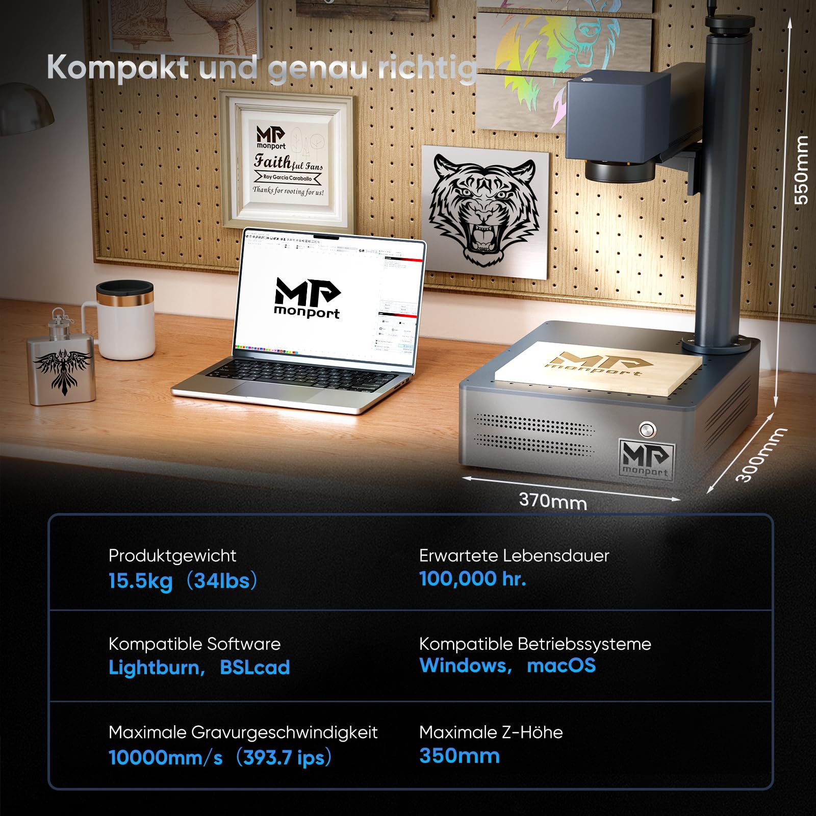 Monport 30W Faserlaser Graviermaschine mit LightBurn, 10.000 mm/s Schnellgravur, 2,5D-Metallgravur mit 0,01 mm Präzision, Kompatibel mit BSLcad, Desktop-Lasergravierer für Schmuck Glastassen/-Becher