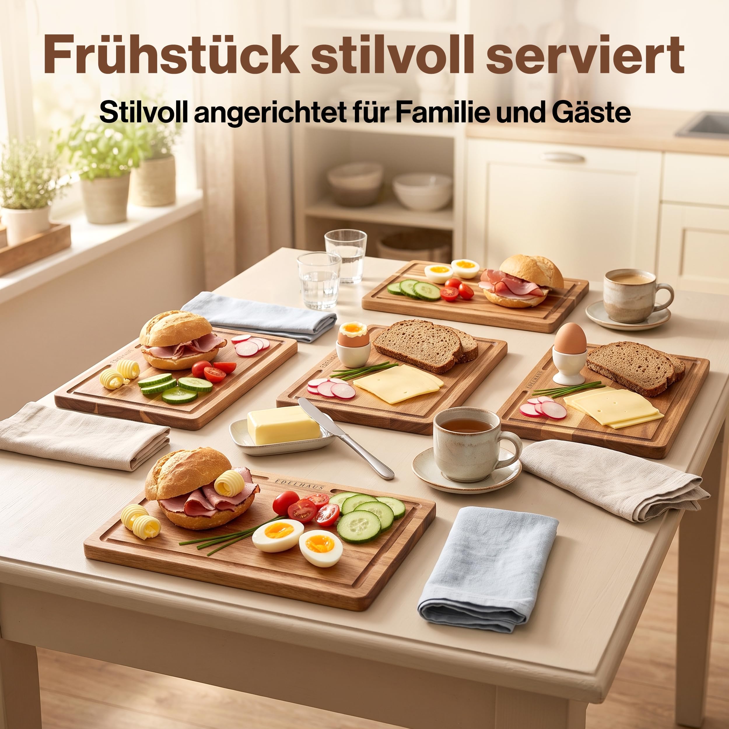 EDELHAUS Frühstücksbrettchen 5er Set, Schneidebrett Holz Akazie 23x16 cm
