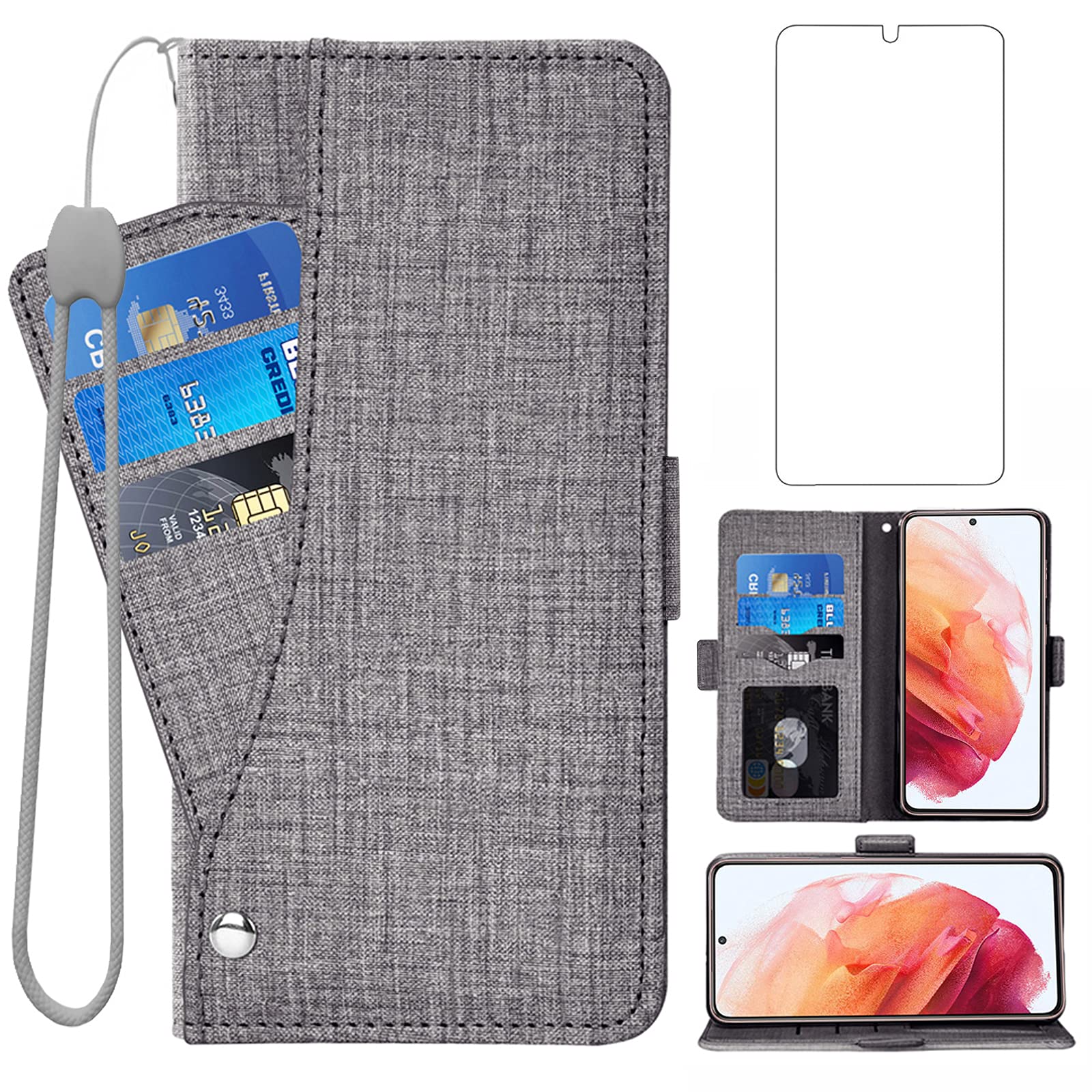 Asuwish Compatible with Samsung Galaxy S21 Glaxay S 21 5G 6.2 inch Wallet Case Tempered Glass Screen Protector and Flip Cover Card Holder Cell Accessories Phone Cases for Gaxaly 21S G5 Women Men Black