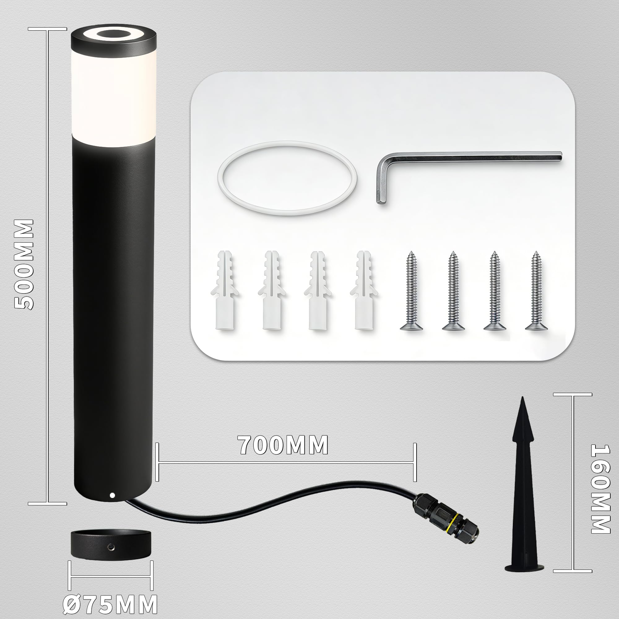 JNR 4 Pack Edelstahl Wegeleuchten Außen mit Erdspieß 230V, Schwarz | IP65 Wasserdicht, Höhe 500 mm inkl GU10 5W 3000k warmweiß LED Glühbirne, Gartenbeleuchtung, Gartenlampen, Gartenleuchten