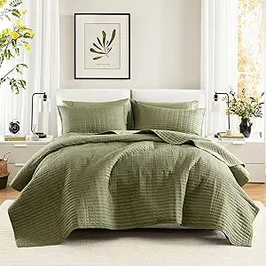 Comfort Spaces Twin Quilt Set Modern Reversible Plaid Coverlet Twin Bedding Set Cozy Quilted Winter Layer, All Season Lightweight Soft Twin Size Quilt, Kienna, Twin/Twin XL Olive Green 2 Piece