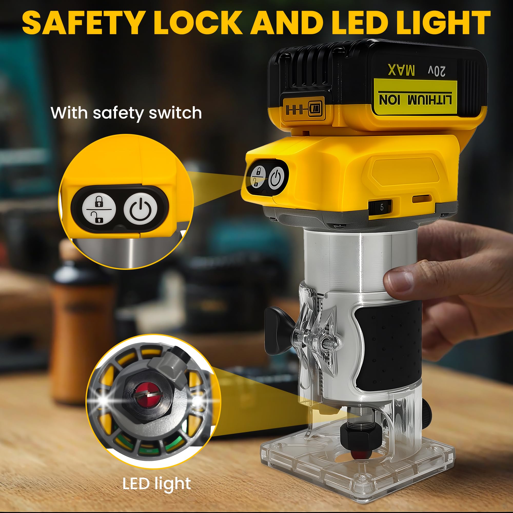 Enrutador de madera inalámbrico de 800 W compatible con batería Dewalt de 20 V, 30000 RPM sin escobillas para acoplar 12 brocas de enrutador de 1/4 pulgadas, enrutador de corte manual de 6 velocidades