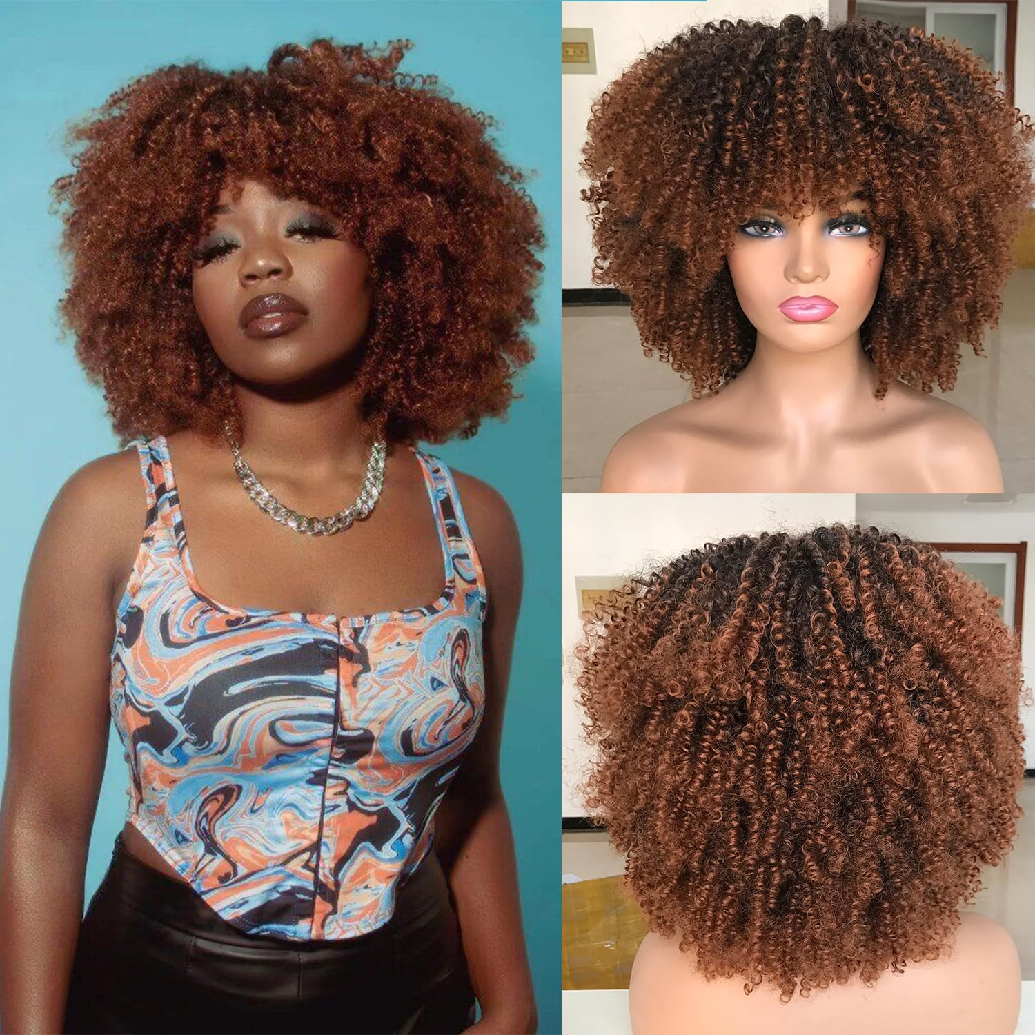 ISAMY 14inch Afro Bomb Curly Wigs for Black Women Short Afro Kinky Curly Wig with Bangs Full Curly Wig (Ombre Brown) - Image 2
