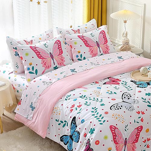 Jameswish Juego de edredón de mariposa para niñas, tamaño Queen, 7 piezas, ropa de cama en una bolsa, flores coloridas y hojas, juego de ropa de