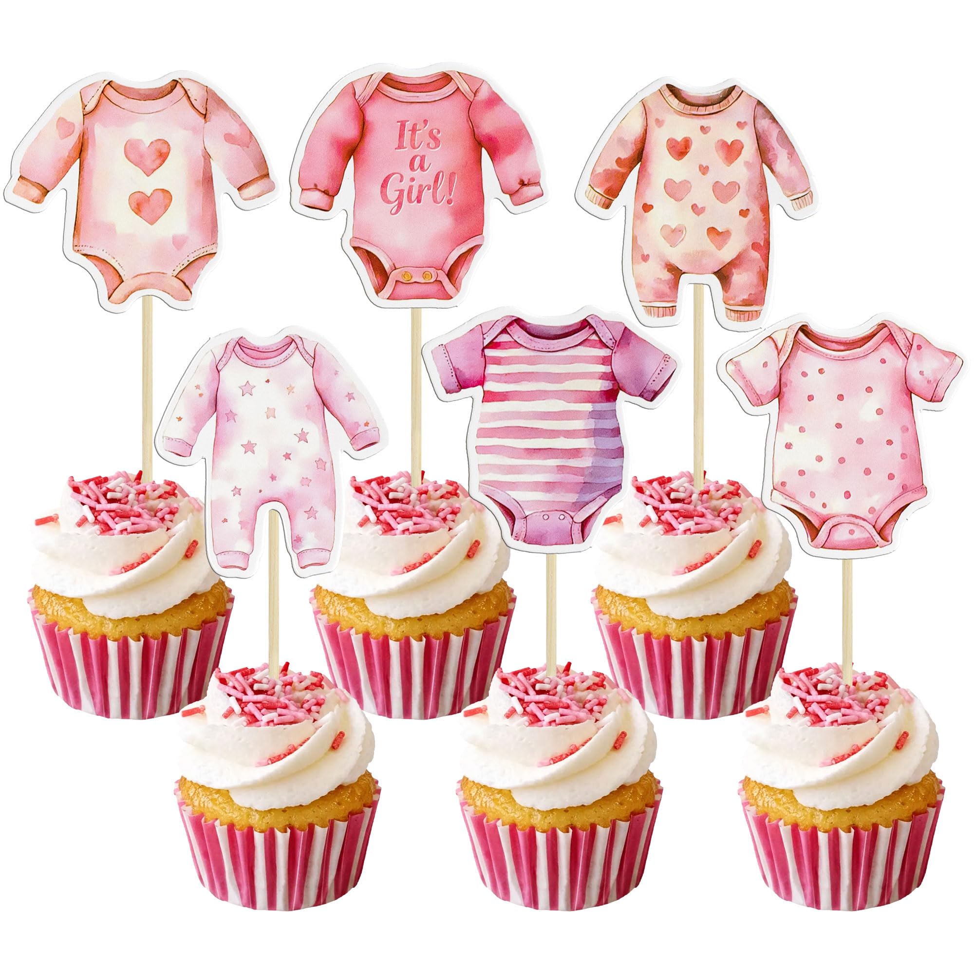 Gyufise 36Pcs odysuit Cupcake Toppers Baby Girl Cupcake Picks It's a Girl Jumpsuits Gingham Theme Party Decorations for Girls Birthday Gender Reveal Party Decorations Supplies Deep Pink