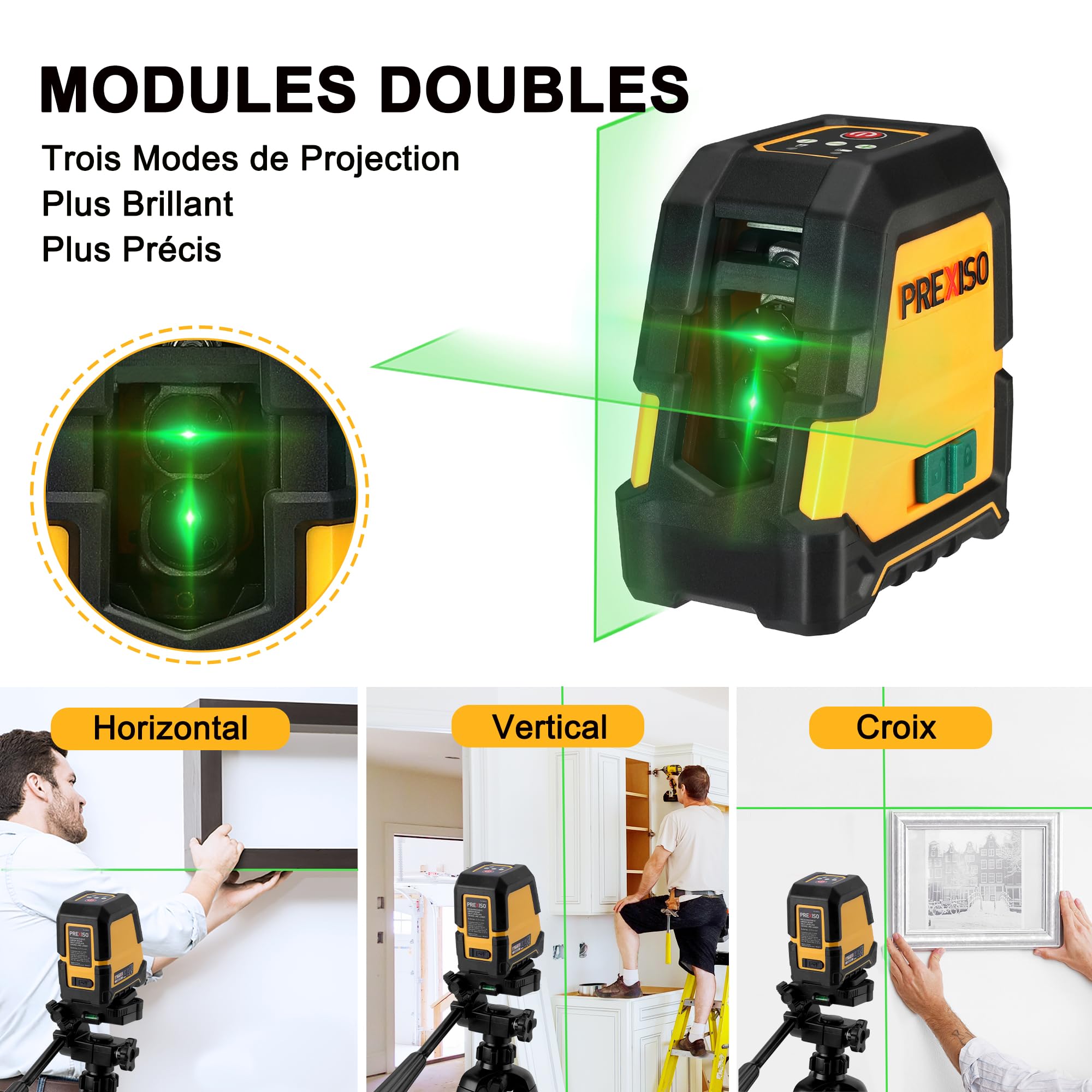 PREXISO Niveau Laser 360° Autonivelant avec Trépied | Horizontal/Croix/Vertical Niveau Laser Vert, Rechargeable, Distance de Travail 30 M, pour Construction, Carrelage, Rénovation