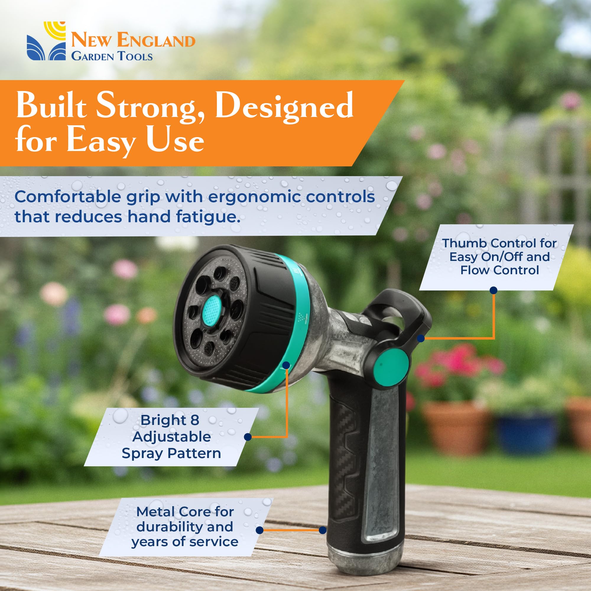 Boquilla de manguera de metal de alta presión resistente con 8 patrones 500011 con control de pulgar y mango extendido, agarre cómodo por New England Garden Tools para limpiar, regar plantas y patios,