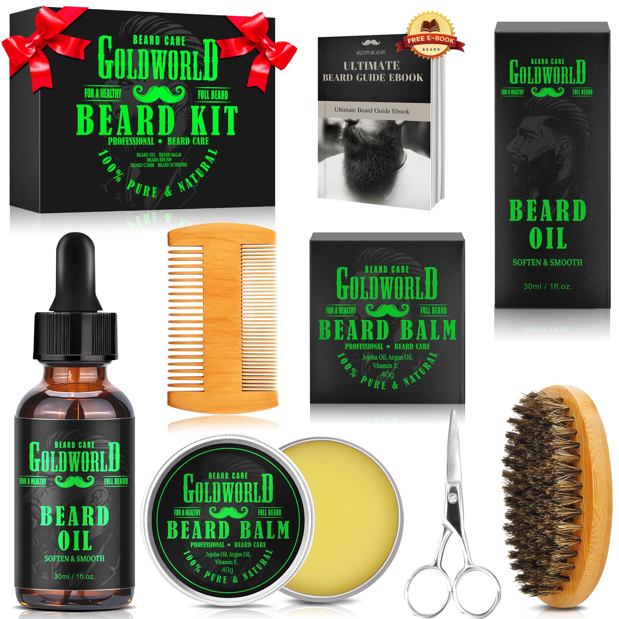 Beard Kit Beard Grooming Kit w/Beard Oil Balm Brush Comb Scissor e-Book Christmas Stocking Stuffers Gifts Ideas for Men Him Dad Boyfriend Husband Mens