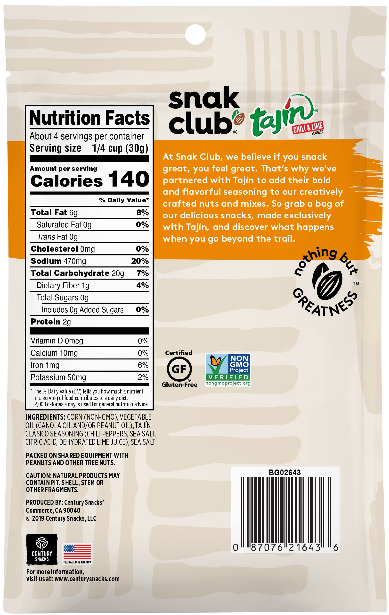 Snak Club Toasted Corn, Tajin Clasico Chili & Lime Flavored, Crunchy