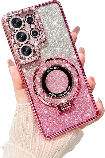 WATACHE Designed for Samsung Galaxy S26 Ultra Case Clear Glitter with Kickstand & Camera Lens Protector,Cute Bling Sparkly Diamond Rhinestones Shockproof Protective Cover Case for Women GirlsPink