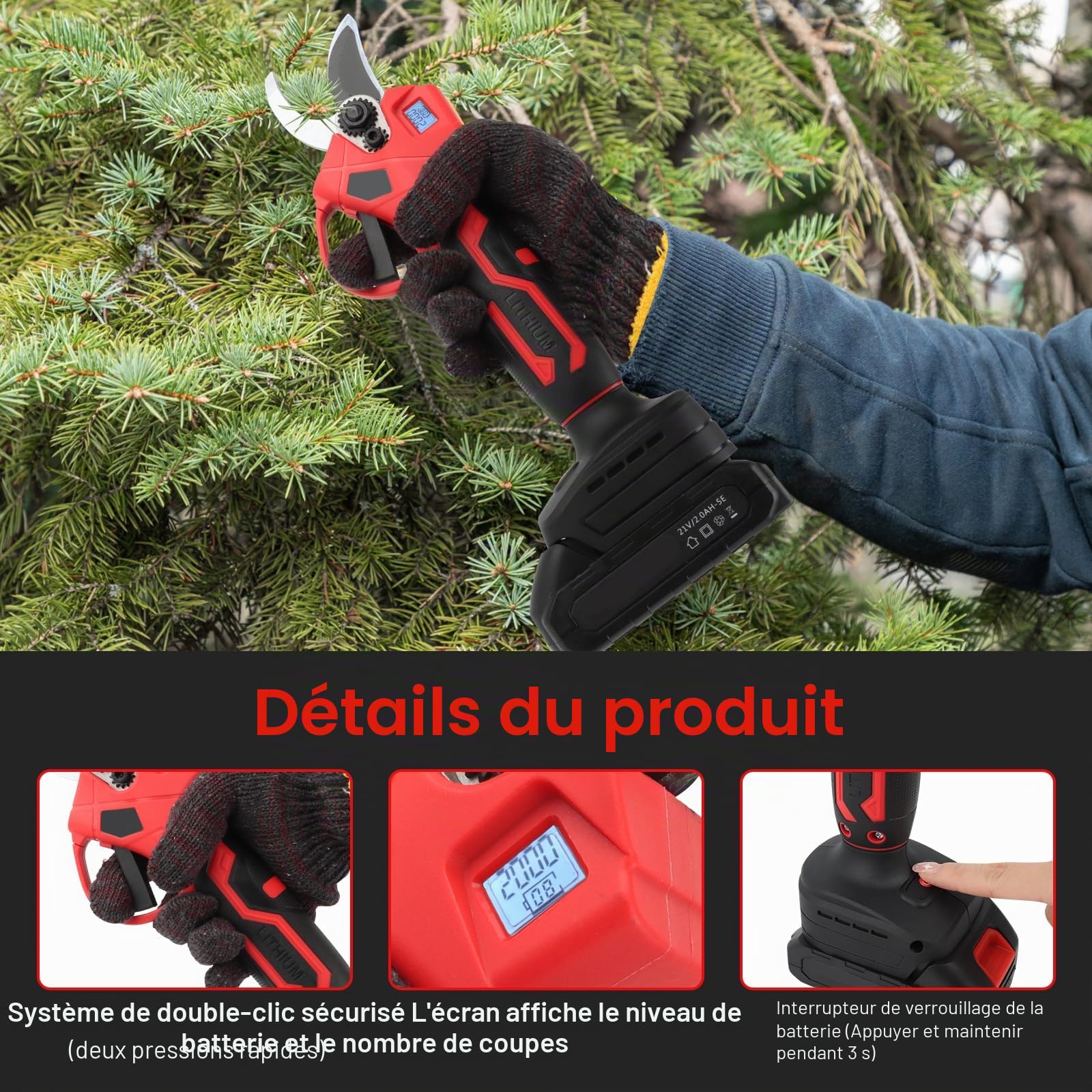 Cisailles électriques de jardin avec batterie 2000 mAh, moteur sans balais, dérivation et compteur LED pour femmes et hommes