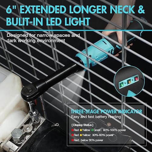 Miniatura 6 de DURATECH Llave de trinquete inalámbrica extendida, 38 pulgadas, 12 V, 44 pies, llave de trinquete eléctrica de cuello largo con 2 baterías de iones