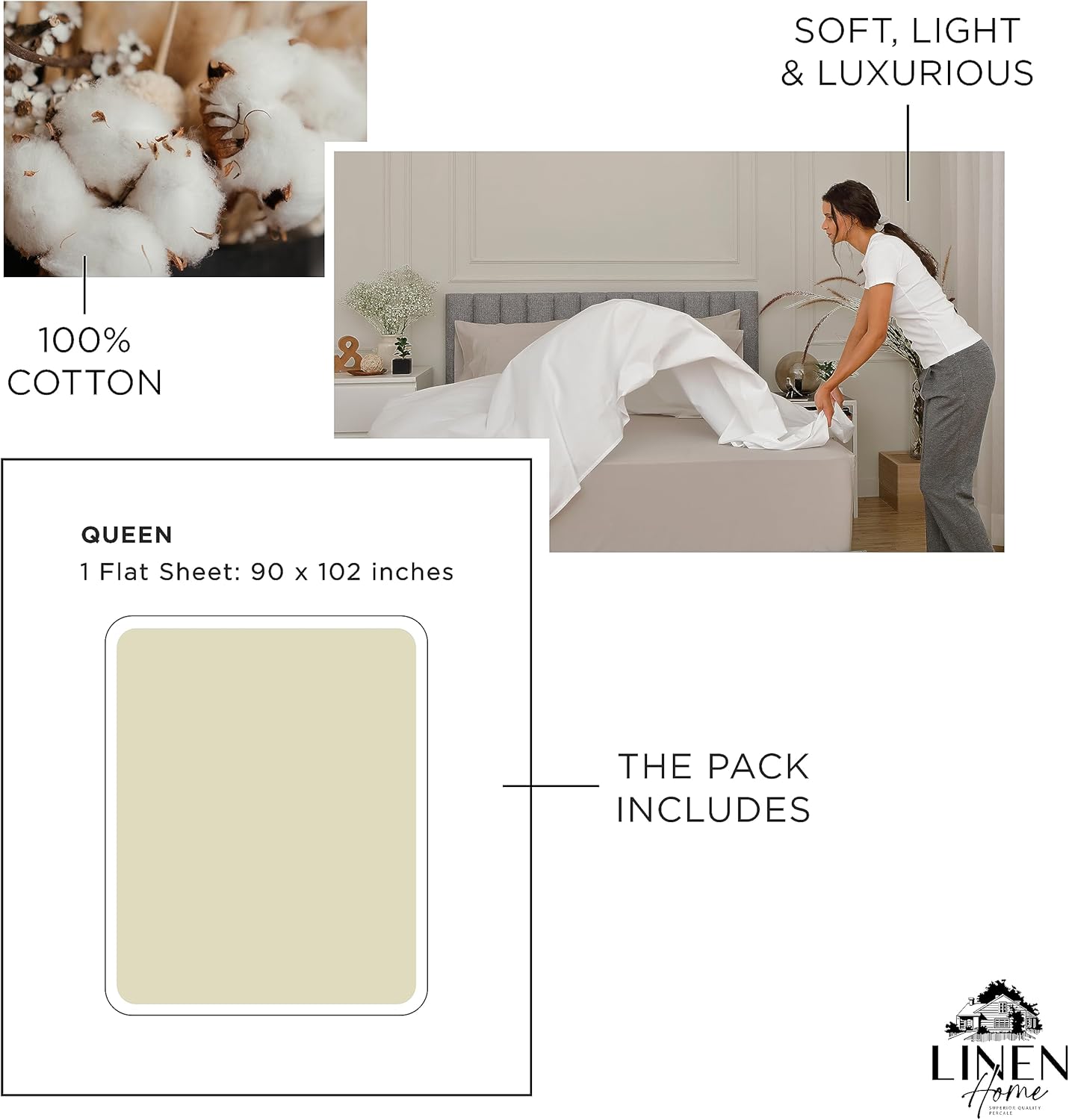 100% Cotton Percale Flat Sheet, Cream, 2 Flat Sheet, Crisp and Cool Strong Bed Linen, Luxury Breathable Sheet (King & Queen)