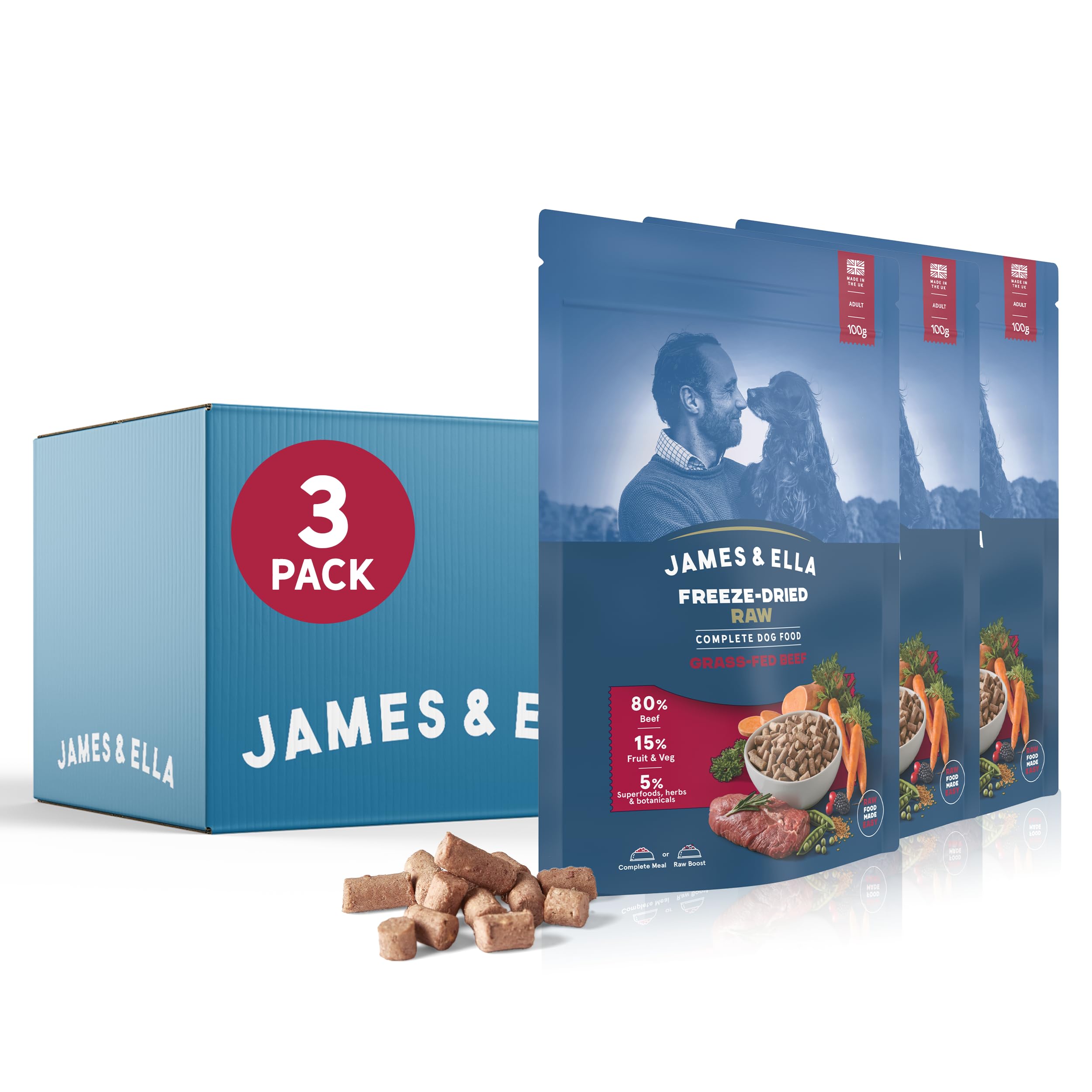James & Ella Complete Freeze-Dried Raw Dog Food, Grass Fed Beef (3 x 100g) Packed with Protein, Essential Oils & Minerals | Lightweight & Gluten Free | 80% Meat with Fruit, Vegetables & Superfoods