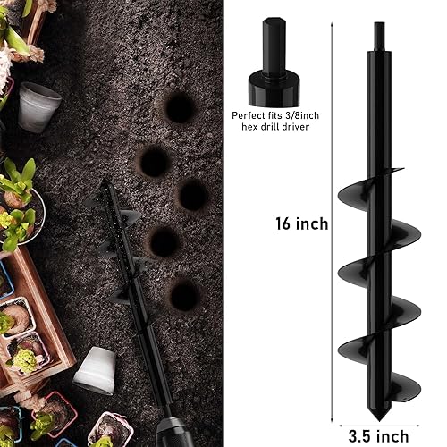 Miniatura 4 de HOOPLE Broca de taladro de jardín para plantar de 1.6 x 16 pulgadas y 3.5 x 16 pulgadas. Broca de taladro para plantas de flores, taladro de agujero
